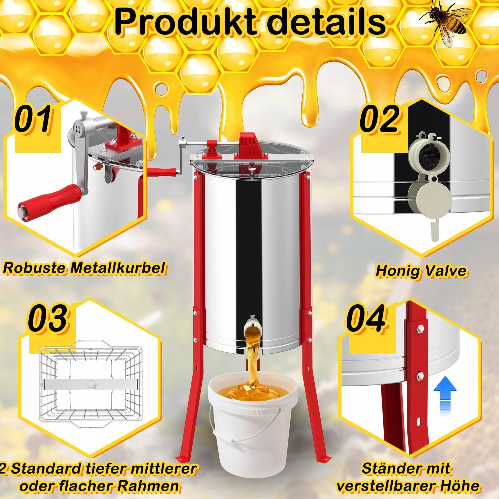 XMTECH Extractor de miel manual con 2 panales de abeja de acero inoxidable, extractor de miel tangencial con tapa de visión y ajuste de altura, tirachinas para aficiones y profesionales, salida de