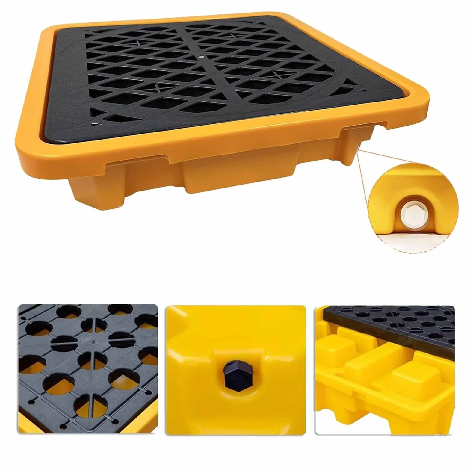 Plataforma industrial de contención de derrames, bandeja de polietileno resistente para derrames químicos con drenaje, fácil limpieza para laboratorios y almacenamiento, 72 x 72 x 16 cm