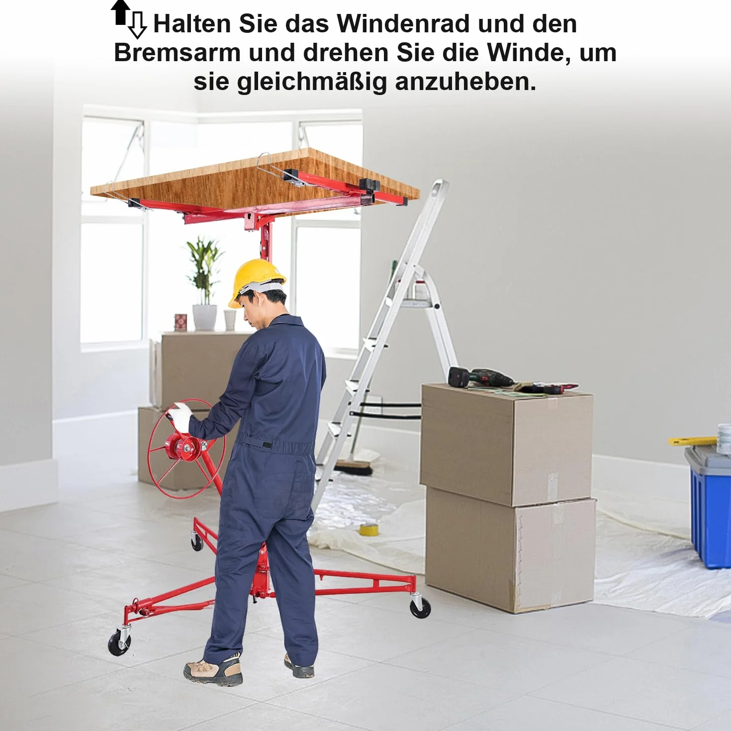 Herrselsam - Elevador de placas plegable XXL, 140 cm-350 cm de altura de trabajo, ajustable en altura, 68 kg de carga máxima, 290 cm de brazo de carga para placas de yeso