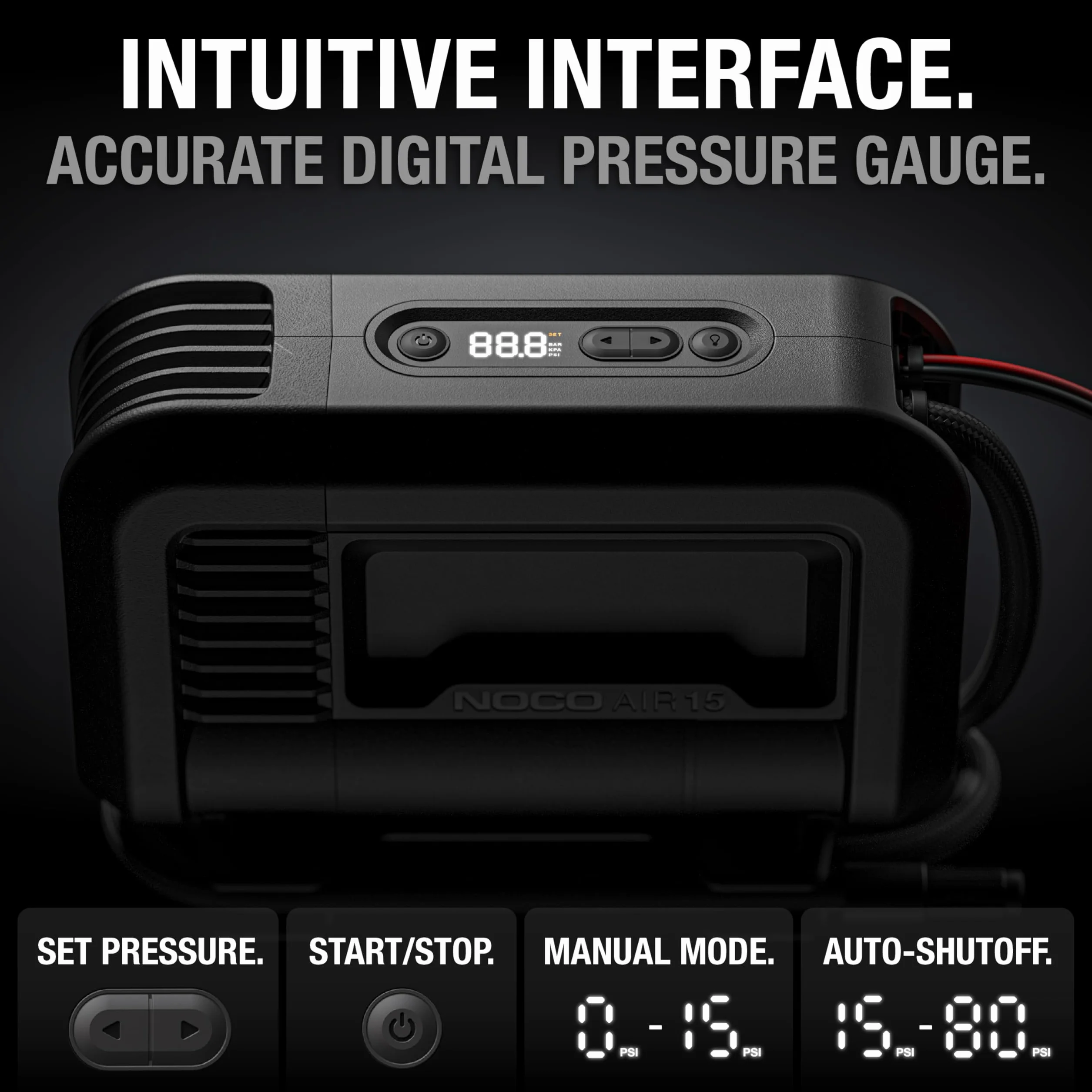 NOCO AIR15 Inflador de neumáticos 15A Compresor de aire portátil 12V 44 SLPM 0-40 PSI 2,9 min Manómetro digital Apagado automático