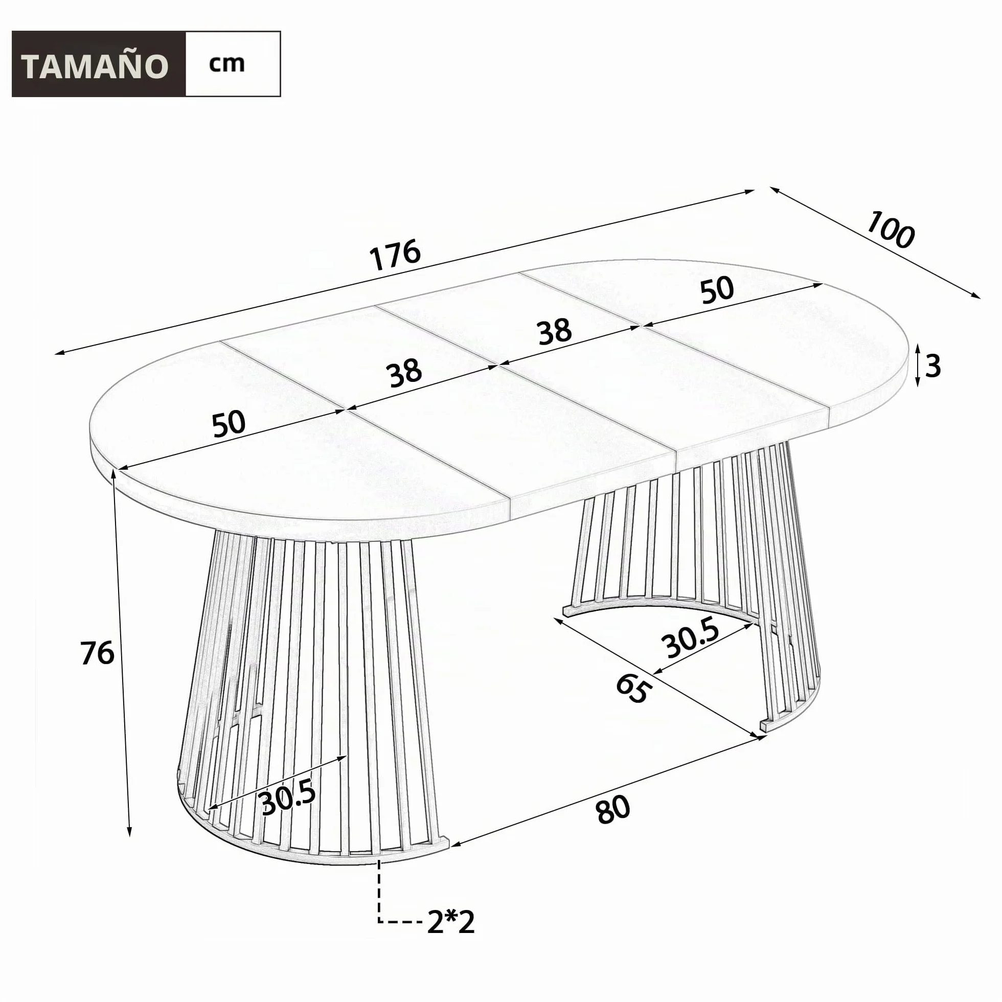Wiuzo Mesa de comedor extensible de 100/138/176 x 100 cm, mesa de comedor redonda para 4-8 personas, diseño telescópico de dos piezas, tablero grueso (color roble + negro)