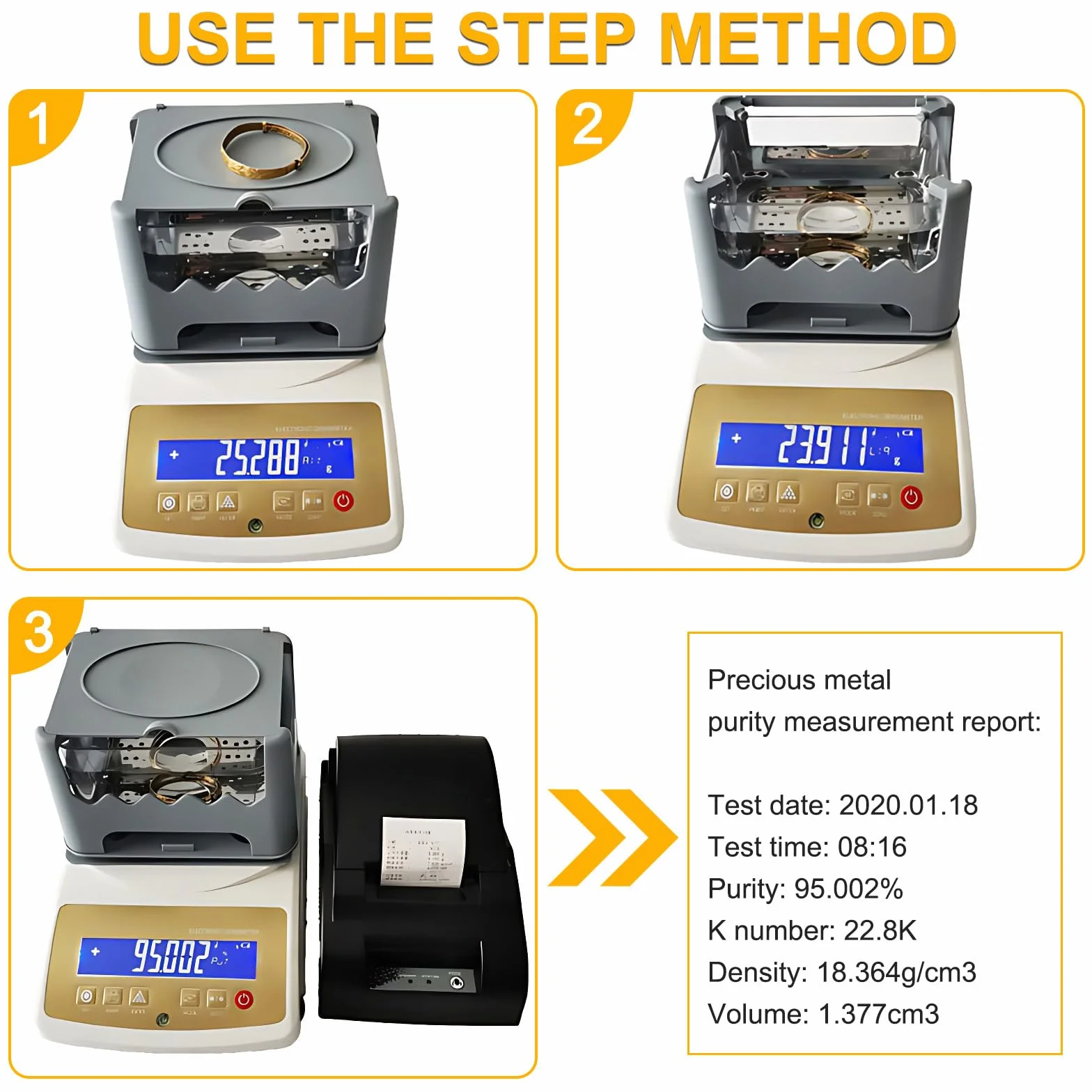 Densímetro electrónico de alta precisión comprobador de pureza de oro for joyería prueba de metales preciosos medición precisa de oro(1200k+printer)