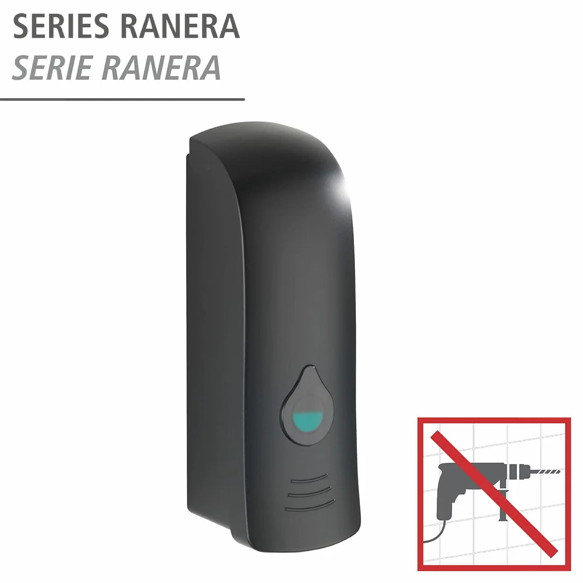 WENKO Dispensador de jabón desinfectante Ranera S negro 280 ml fijación sin agujeros
