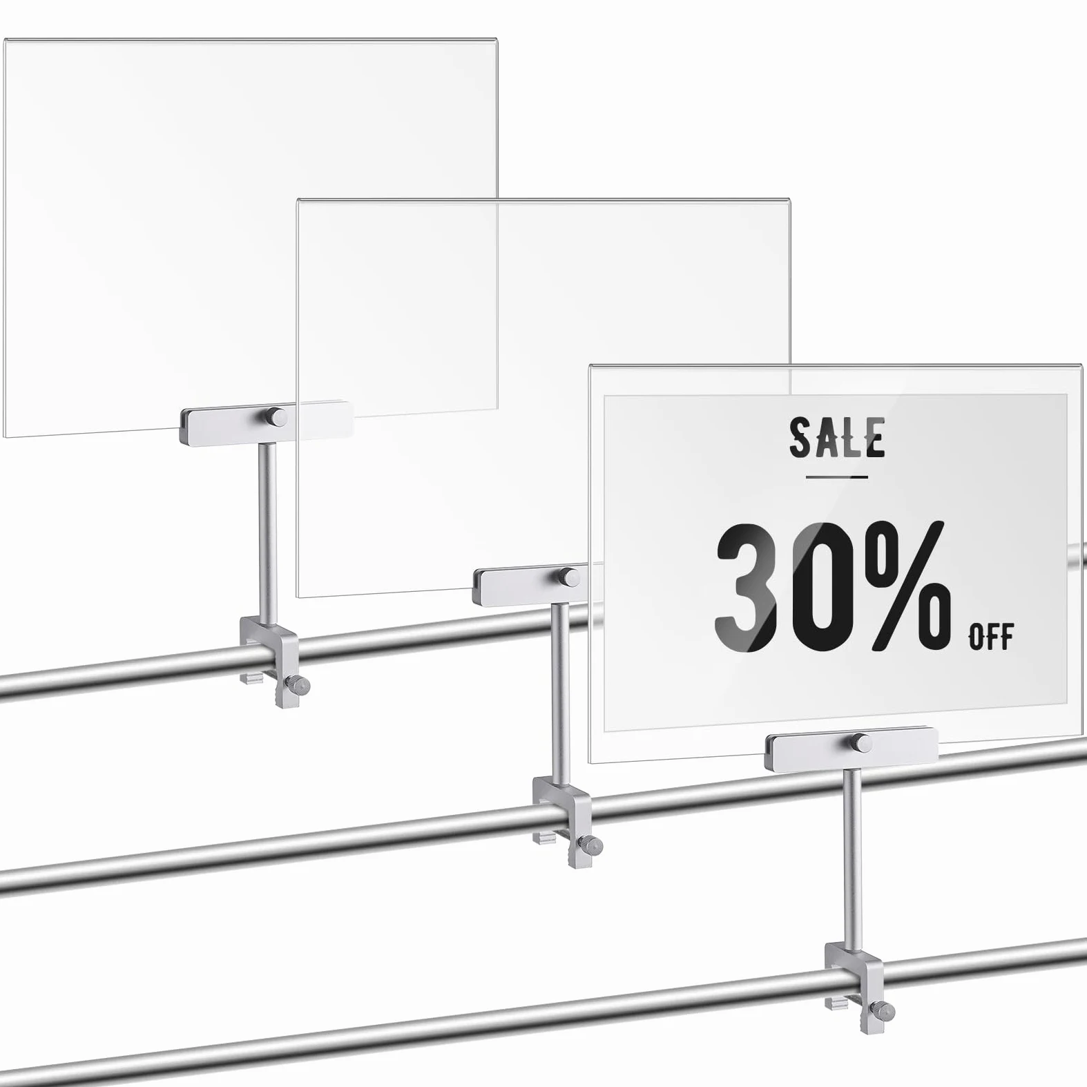 FoldTier Juego de 3 abrazaderas de aleación de aluminio con marco acrílico de 8.5 x 11 pulgadas, soporte de cartel con clip, soporte giratorio para letreros para tiendas de ropa, etiquetas de precio