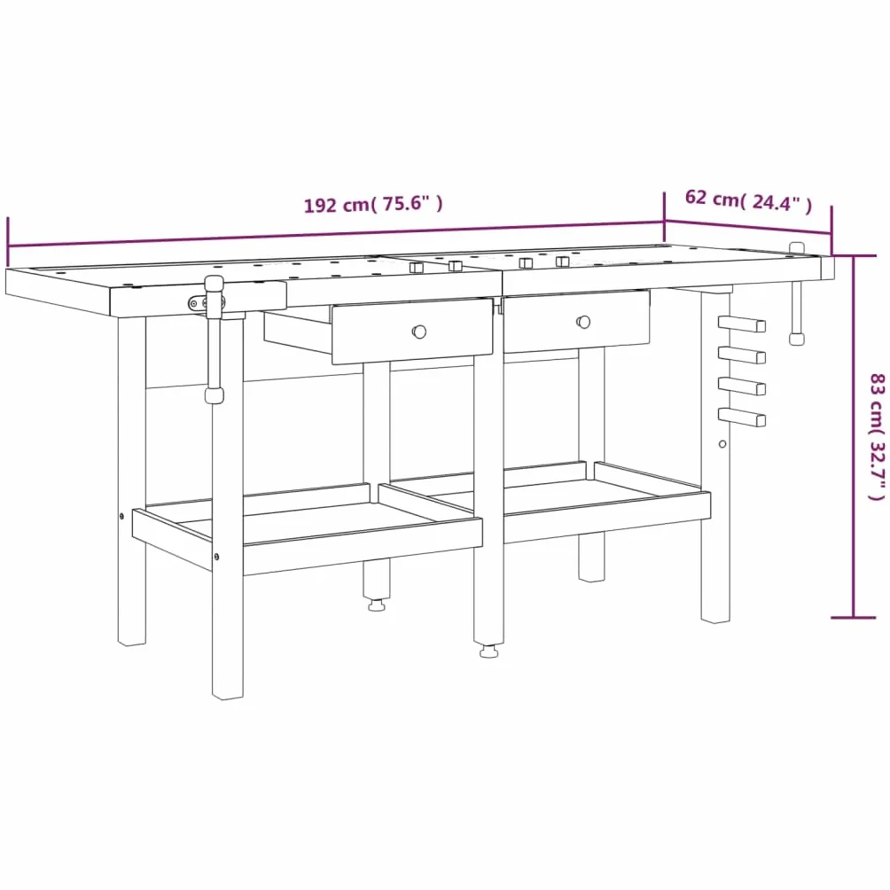 vidaXL Banco de Trabajo con Estante Mesa de Trabajo Organizador para Taller con Almacenaje Cajones y Tornillos Banco Madera 192x62x83 cm