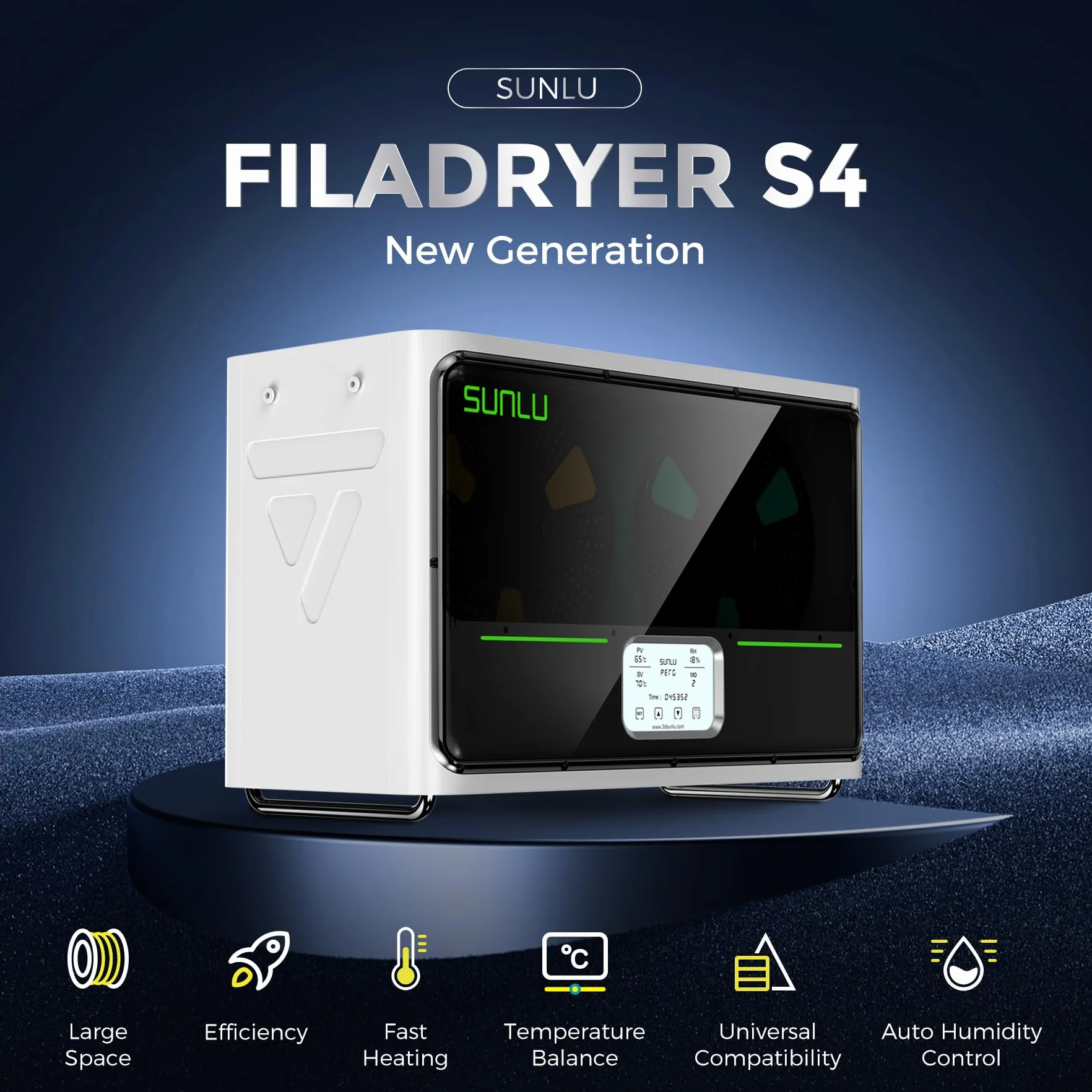SUNLU Secador Filamento 3D S4, 2024 Nueva Generación Caja Seca de Filamentos para Impresora 3D, Gran Espacio Filament Dryer, Control Auto de Humedad, Calentamiento Rápido, Blanco