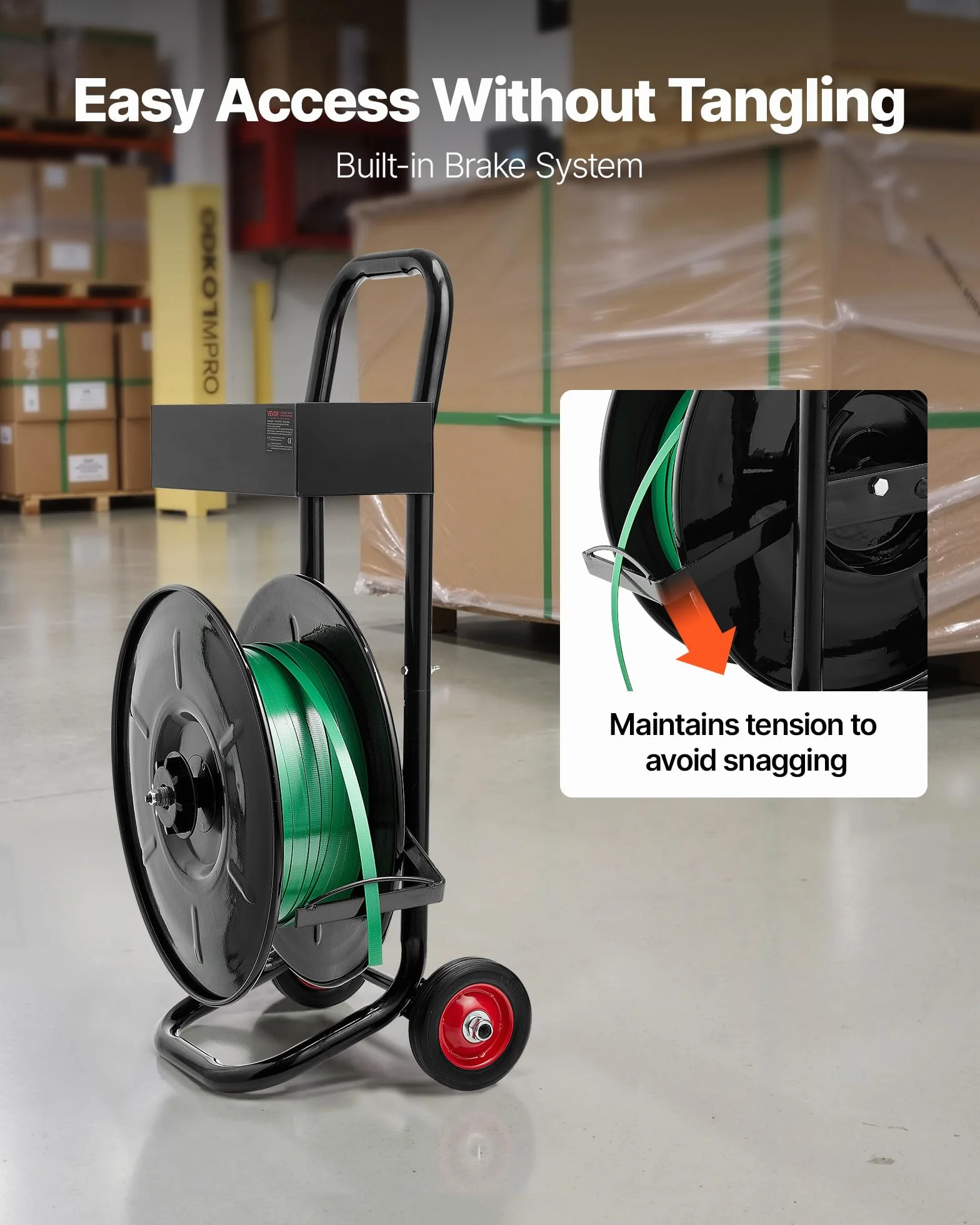 VEVOR Dispensador de Flejado, para Rollos de Flejado de PET/PP/Poliéster con Un Tamaño de Núcleo de 203 mm, con Sistema de Frenado Mejorado, Amplio Almacenamiento Integrado para Herramientas