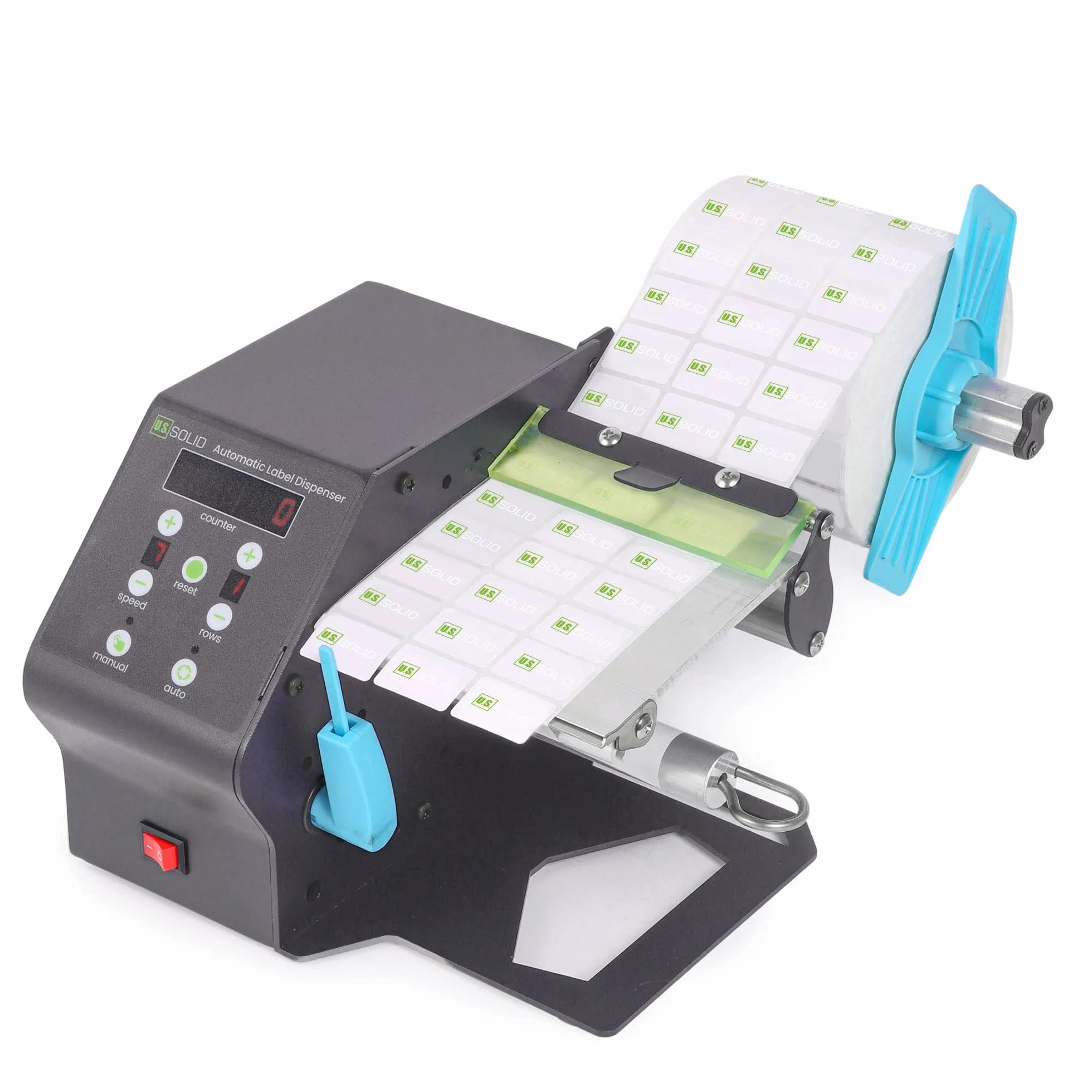 U.S. Solid Dispensador automático de etiquetas, rodillos y etiquetas de abanico, etiquetas translúcidas y opacas, con ajuste preestablecido ajustable para contadores, ancho de etiqueta máx. 120 mm