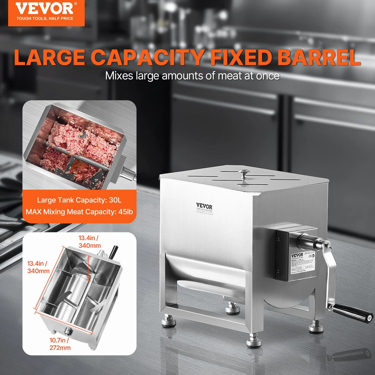 VEVOR Mezcladora de Carne Manual Tanque 30 L Equipo de Procesamiento de Carne Mezcla Máxima 20,4 kg Mezcladora de Salchichas de Acero Inoxidable Batidora de Carne con Tapa, Reductor de Engranajes