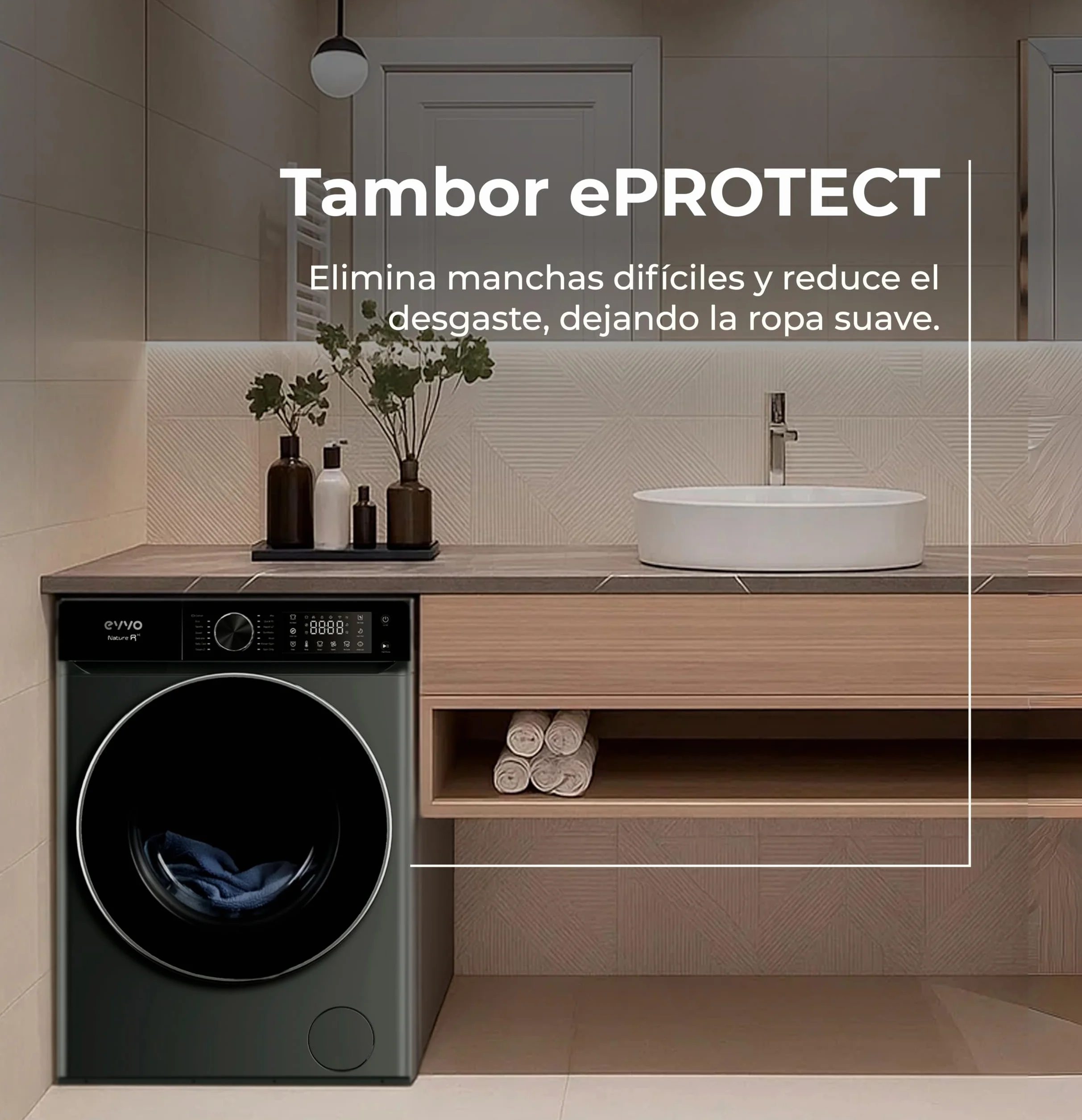 EVVO Lavadora NATURE R 10 Kg 1400 RPM Clase A Vapor Higienizante Tambor ePROTECT Diamante Motor Inverter