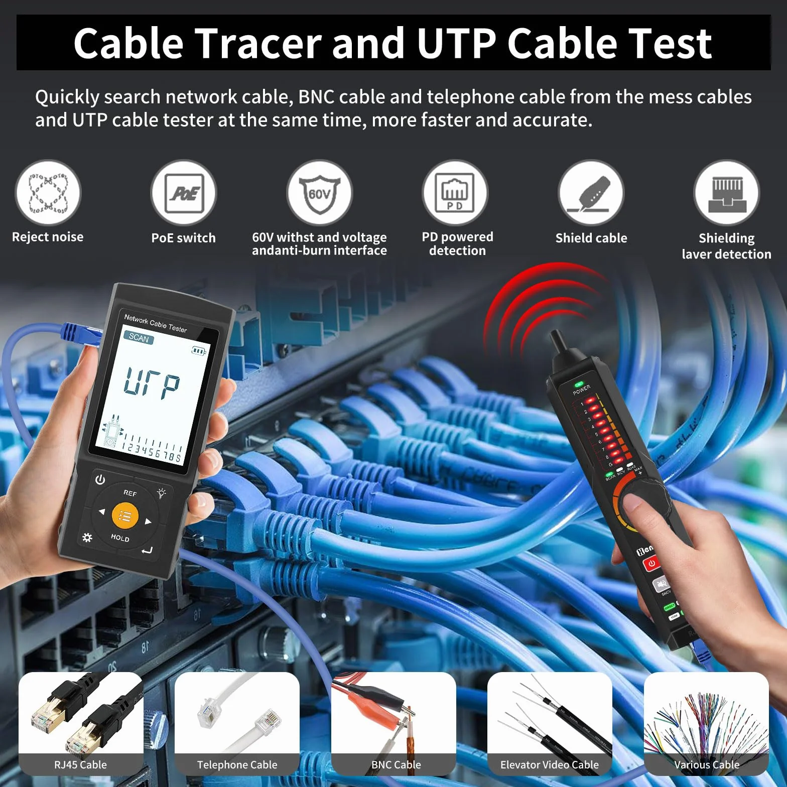 Probador de cabina de red RJ45 multifunción, trazador de cables, probador de cables recargables, prueba de conexión UTP y fallo de enchufe, longitud del cable, VFL, OPM, IEEE 802.3bt/af/at y detección