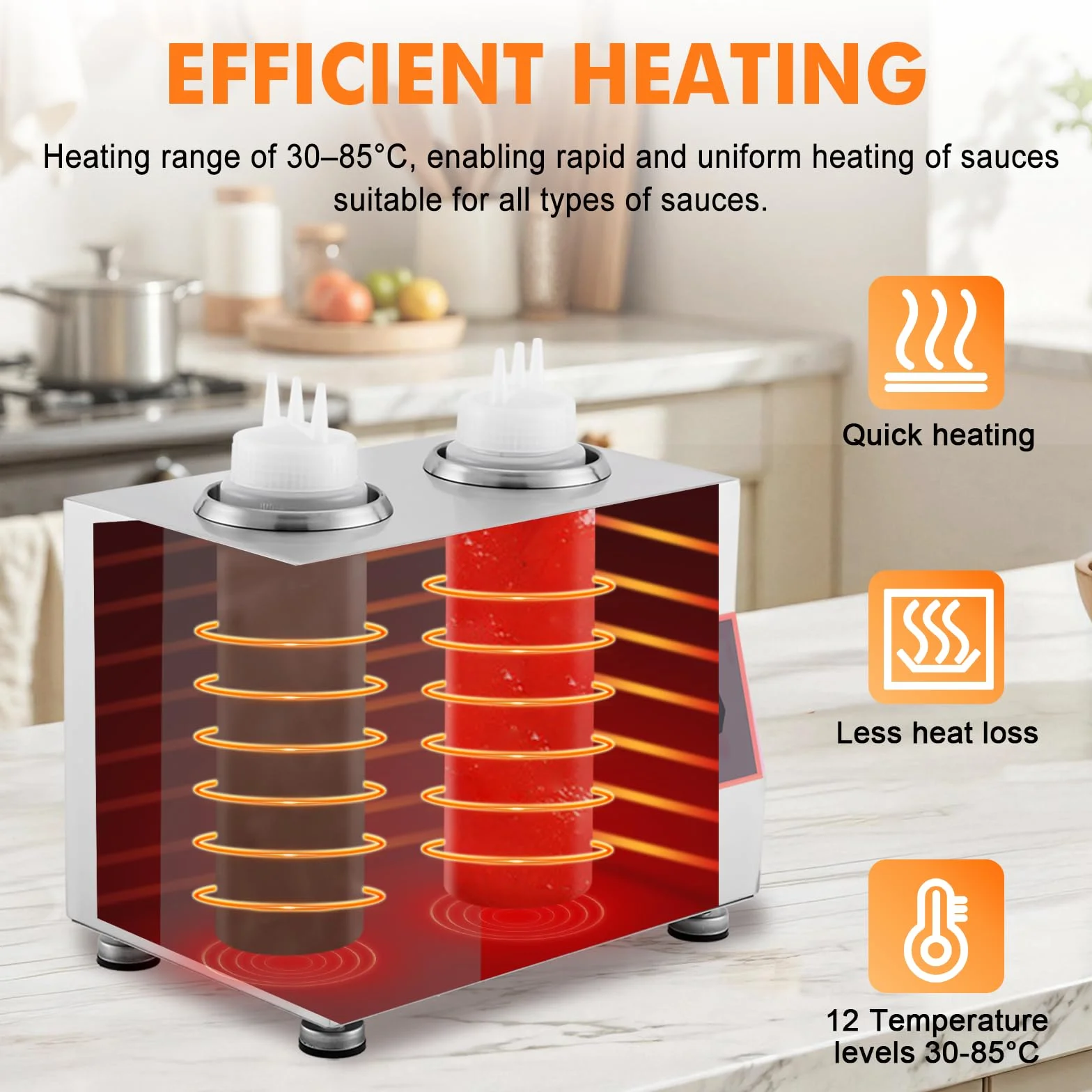 YUCHENGTECH Calentador Eléctrico de Salsas 320W Acero Inoxidable 2 Botellas 30-85℃ Dispensador de Salsa Eléctrica