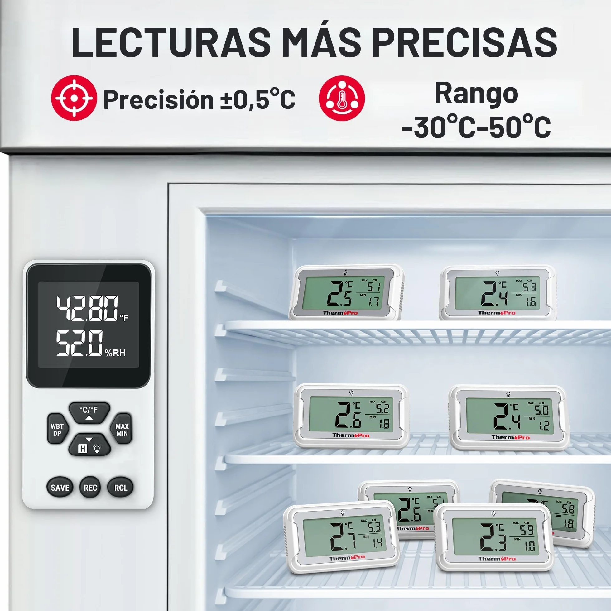 ThermoPro TP110 Termómetro Frigorífico Digital, Nevera y Congelador con Pantalla LCD, Registro MAX/MIN 24h, IPX6 Impermeable