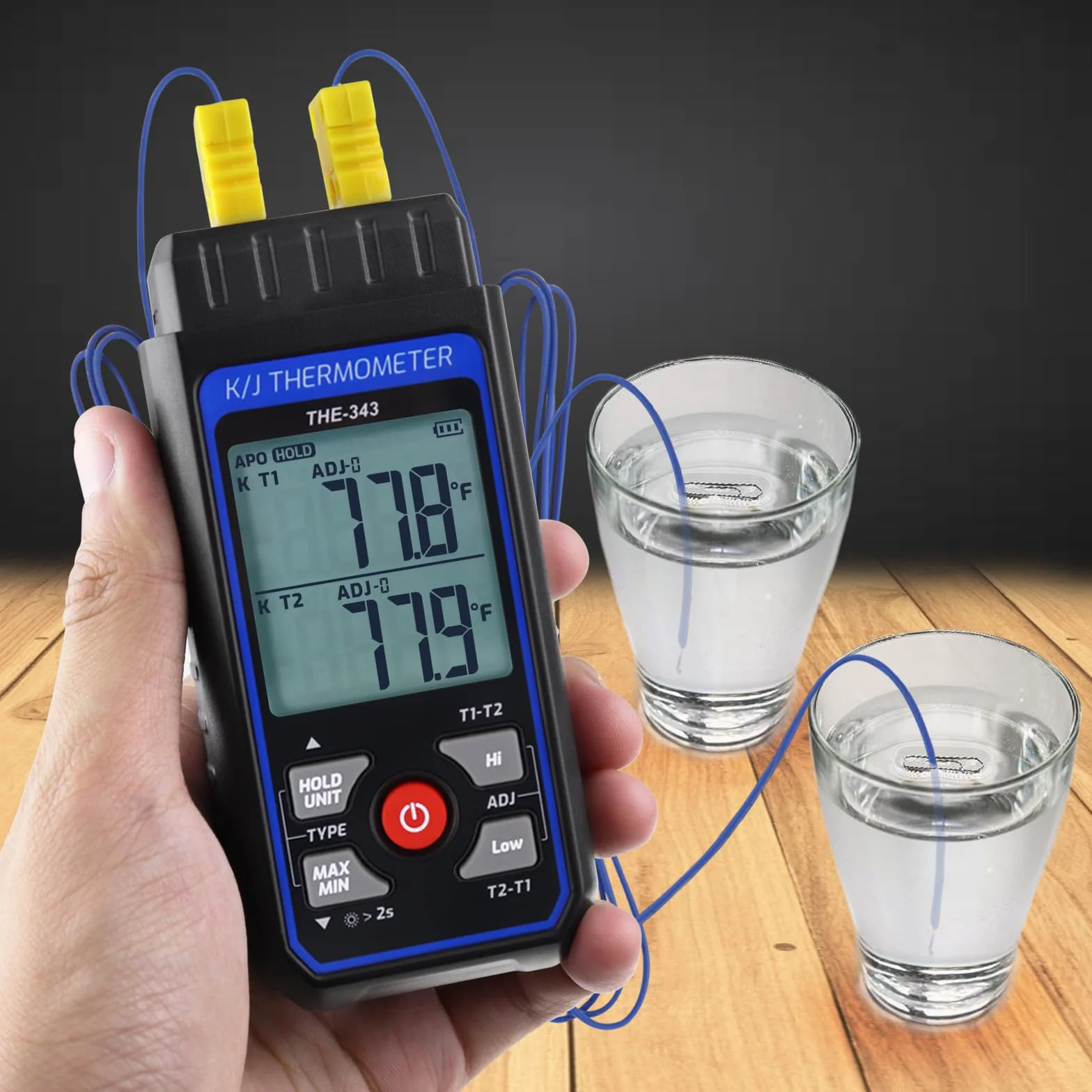 Termómetro Digital con Termopar, Medidor de Temperatura HVAC con 2 Pinzas de Temperatura y 2 Sondas de Termopar con Cable, Doble Canal con Alarma y Compensación ADJ (-328~2500 ℉)