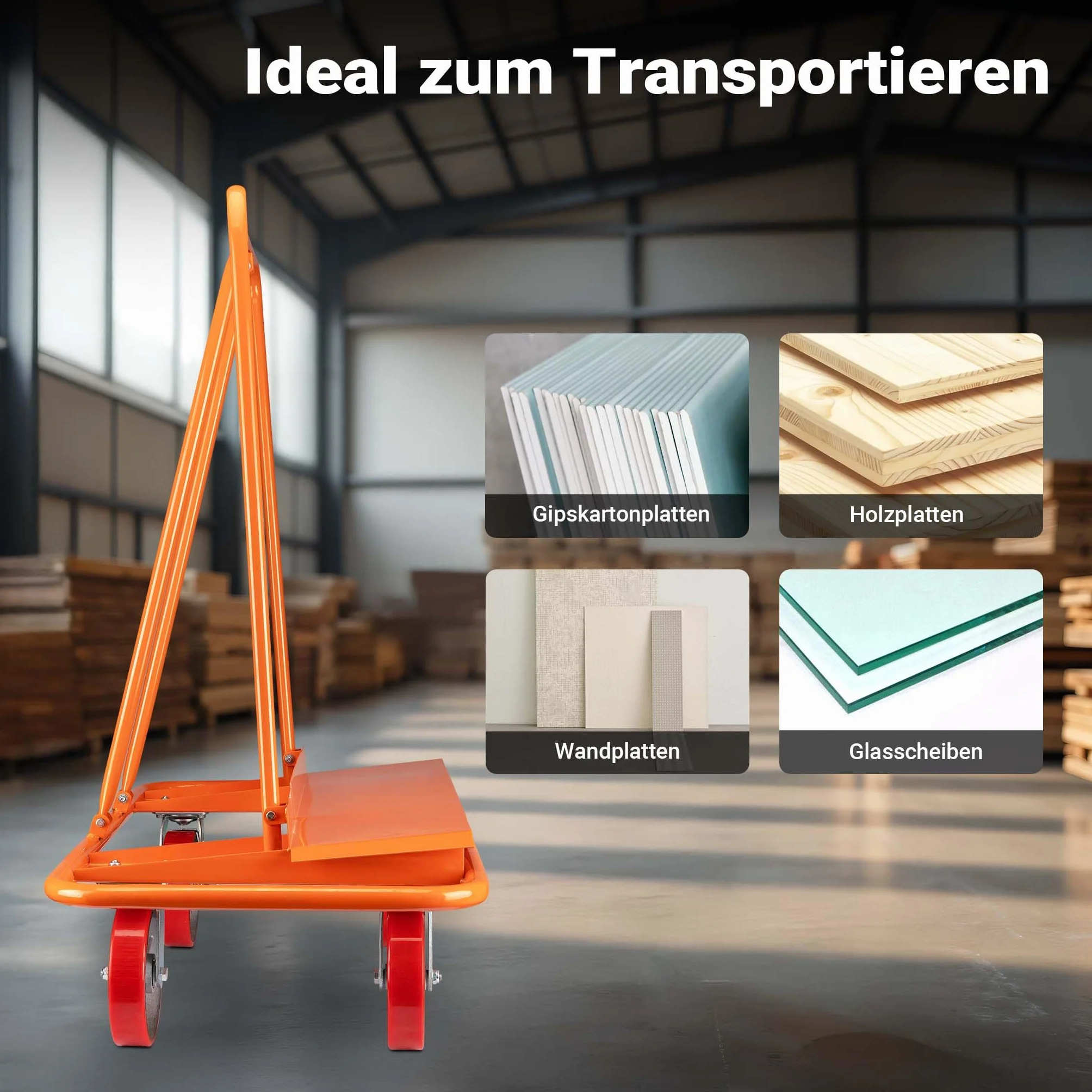 Wiltec Carrito para Paneles de Yeso 1500 kg con Ruedas de 200 mm con Frenos Estructura de Acero Resistente Transporte de Placas de Yeso cartón Madera tableros MDF construcción y reformas