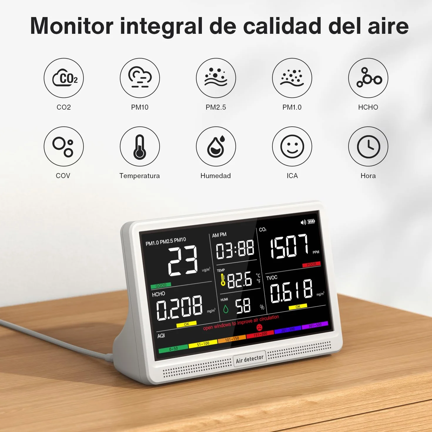 bonoch Monitor de Calidad del Aire 16 en 1 para Interiores con Pantalla de 7" – 9 AQI + 7 Alertas AQI – Medidor de CO2, TVOC, PM2.5, PM1.0, PM10, HCHO, Temperatura, Humedad, AQI y Hora – Para Hogar