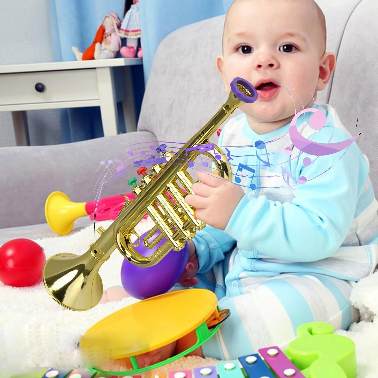 Trompeta para Niños 4 Tonos Instrumento de Viento con 4 Teclas de Colores Juguete Educativo