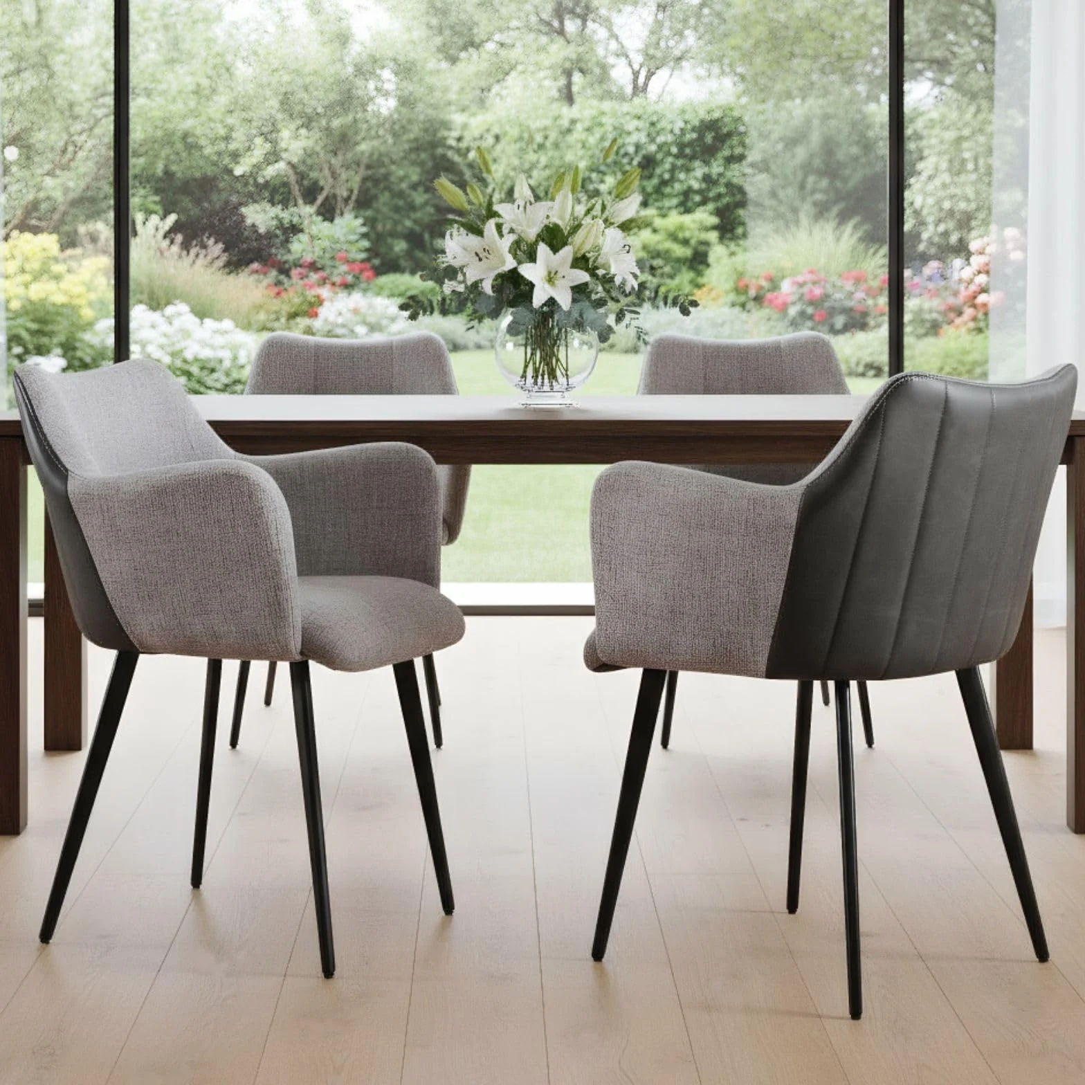 chairus Juego de 2 Sillas de Comedor Cuero PU Silla para Cocina con Brazos, Sillas Modernas con Patas de Metal para Salón/Restaurante, Gris