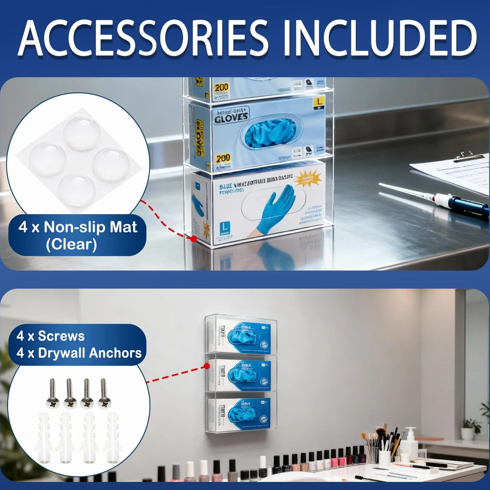 Dispensador acrílico triple compartimento carga lateral para guantes desechables médicos