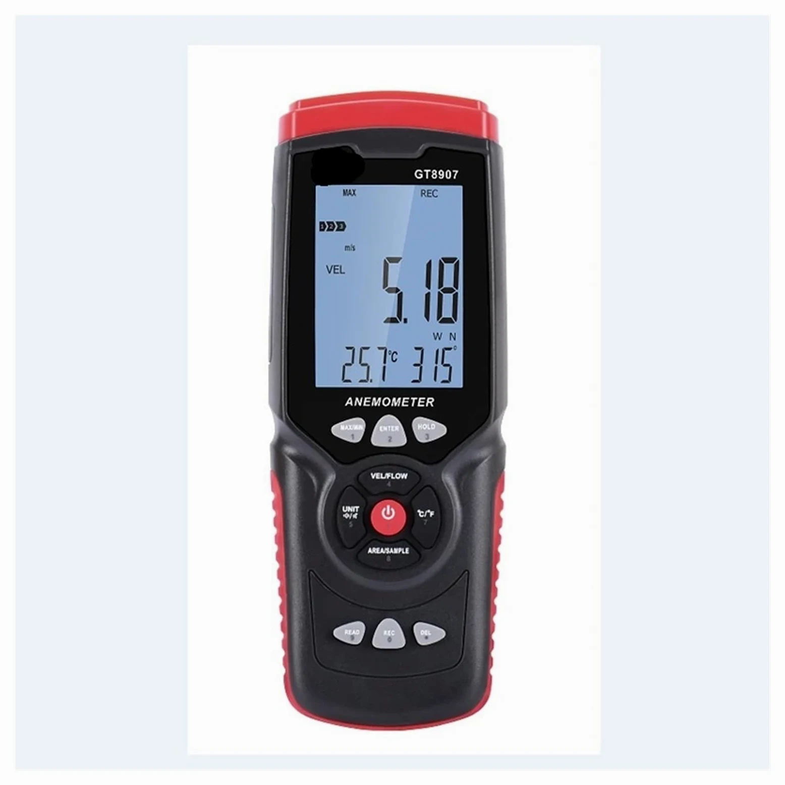 Anemómetro digital GT8907 Medidor de velocidad del viento for actual Temperatura Humedad Volumen aire Flujo Dirección Ángulo Datos