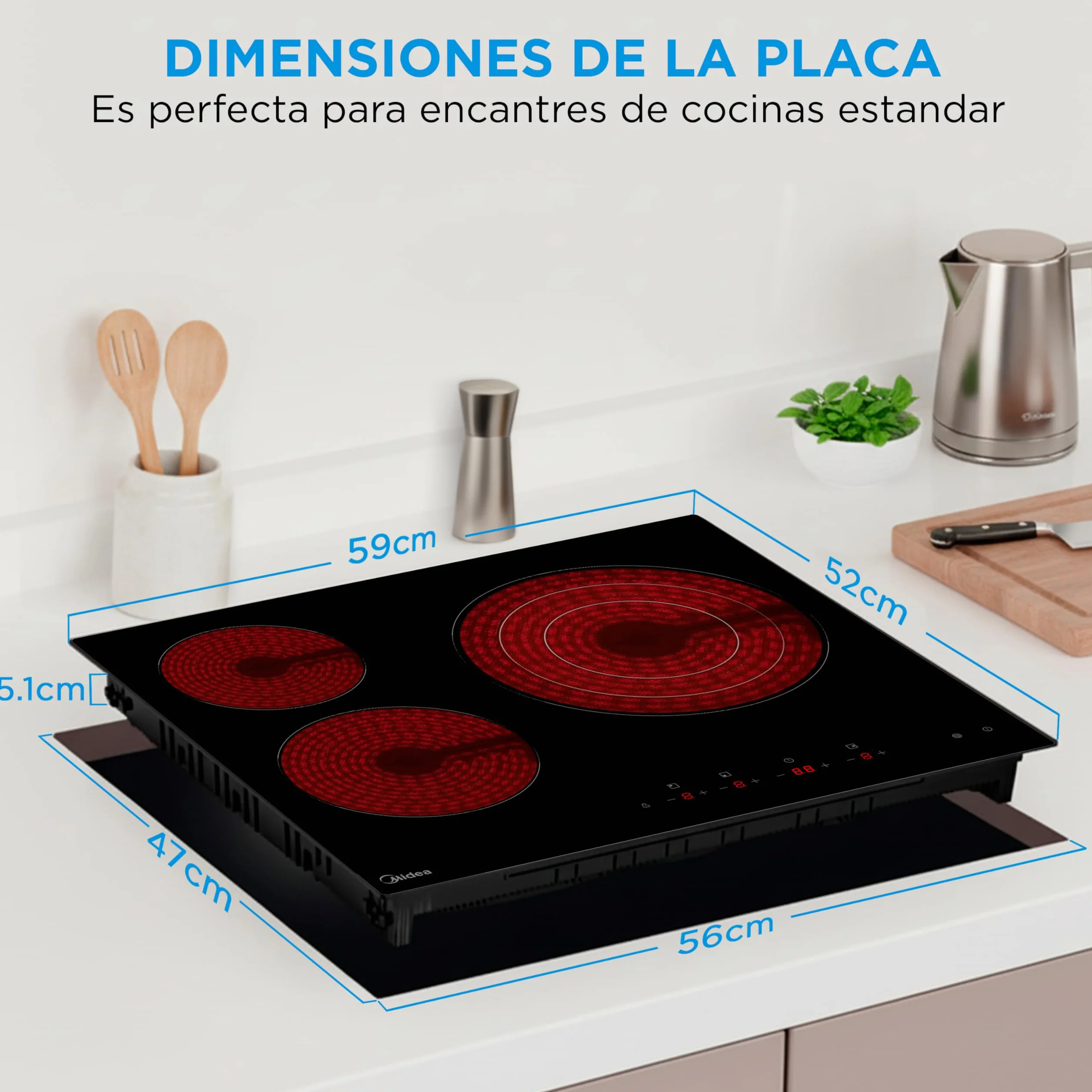 MIDEA Placa Vitrocerámica 3 Fuegos 6200 W Integrada con Panel Táctil y Temporizador