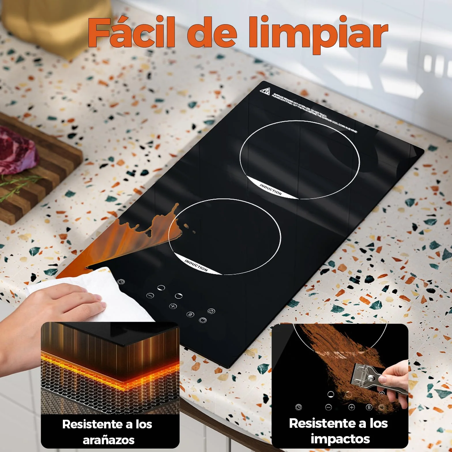 Placa inducción 2 fuegos 30cm 3500W Booster cierre seguridad