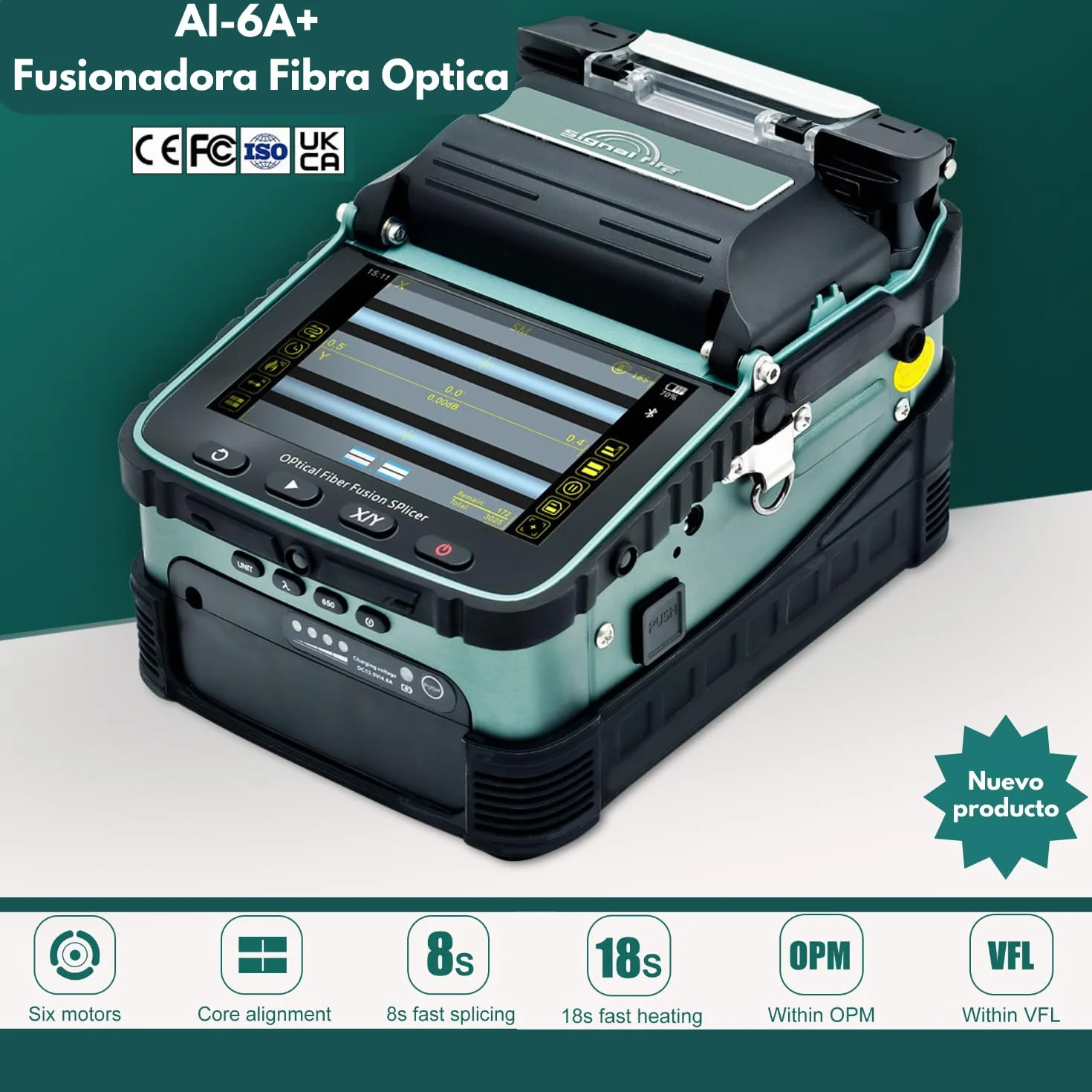 Nuevo Modelo AI-6A+ Fusionadora de Fibra Óptica con OPM y VFL Integrados, Kit Empalmadora de Fibra Optica Automática con Alineación de Núcleo de 6 Motores, 8s Fusión 18s Calentamiento