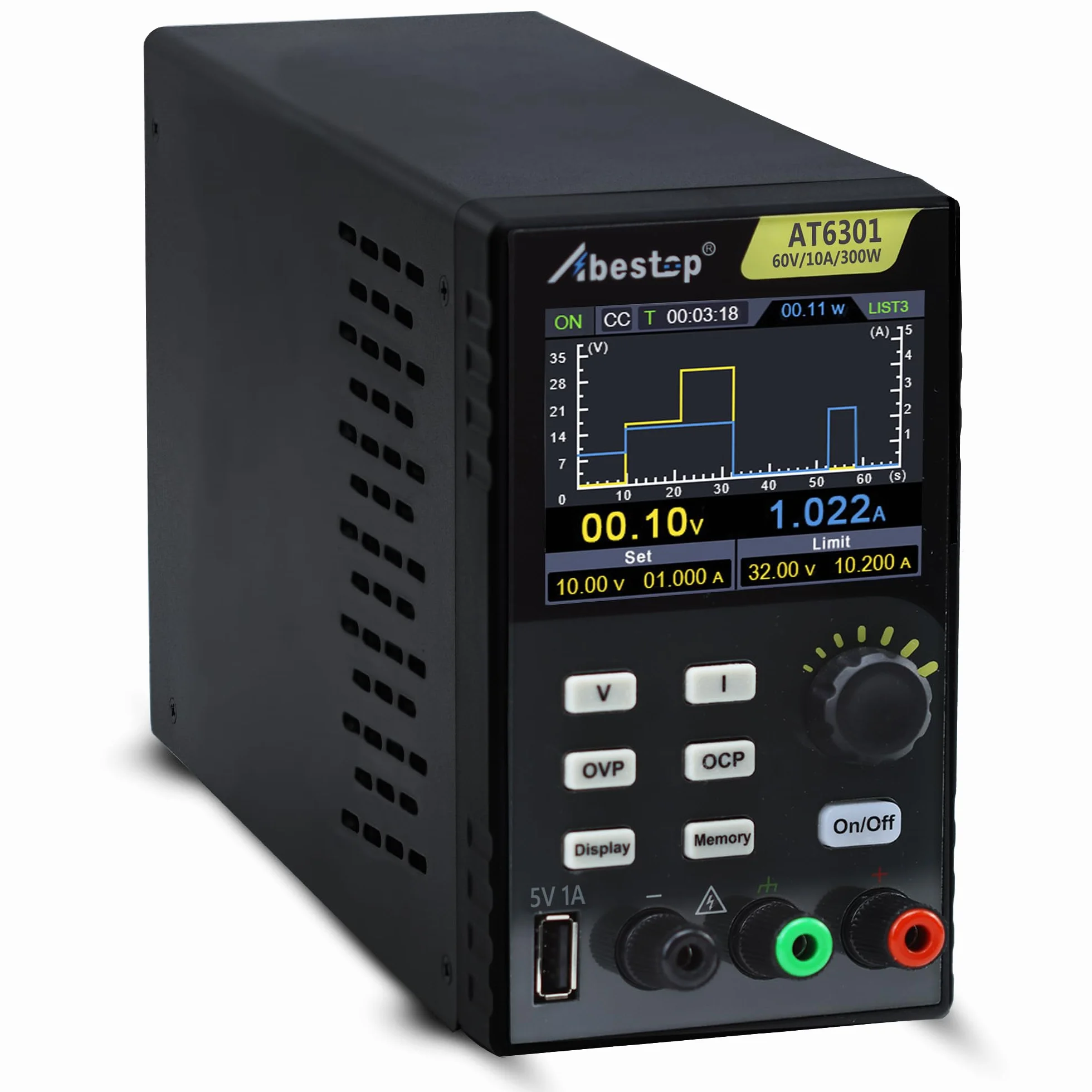 Fuente de alimentación de 60 V/10 A, 300 W, 2,8 Pulgadas, LCD, 4 dígitos, protección múltiple de Alta resolución con Carga USB (60 V/10A/300 W/AT6301)
