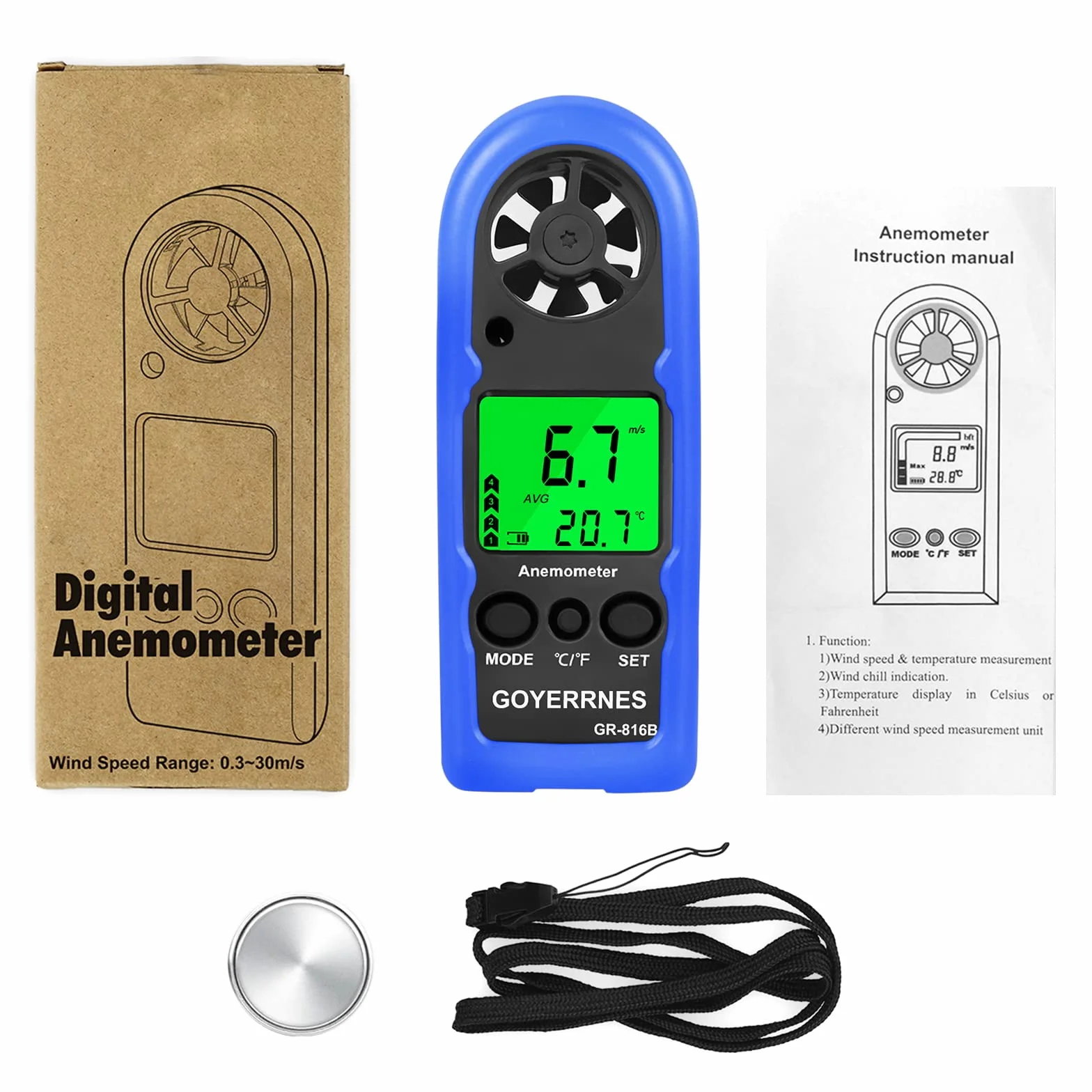 Anemómetro Digital GR-816B Portátil 0.3-30m/s Retroiluminación Velocidad del Viento Temperatura
