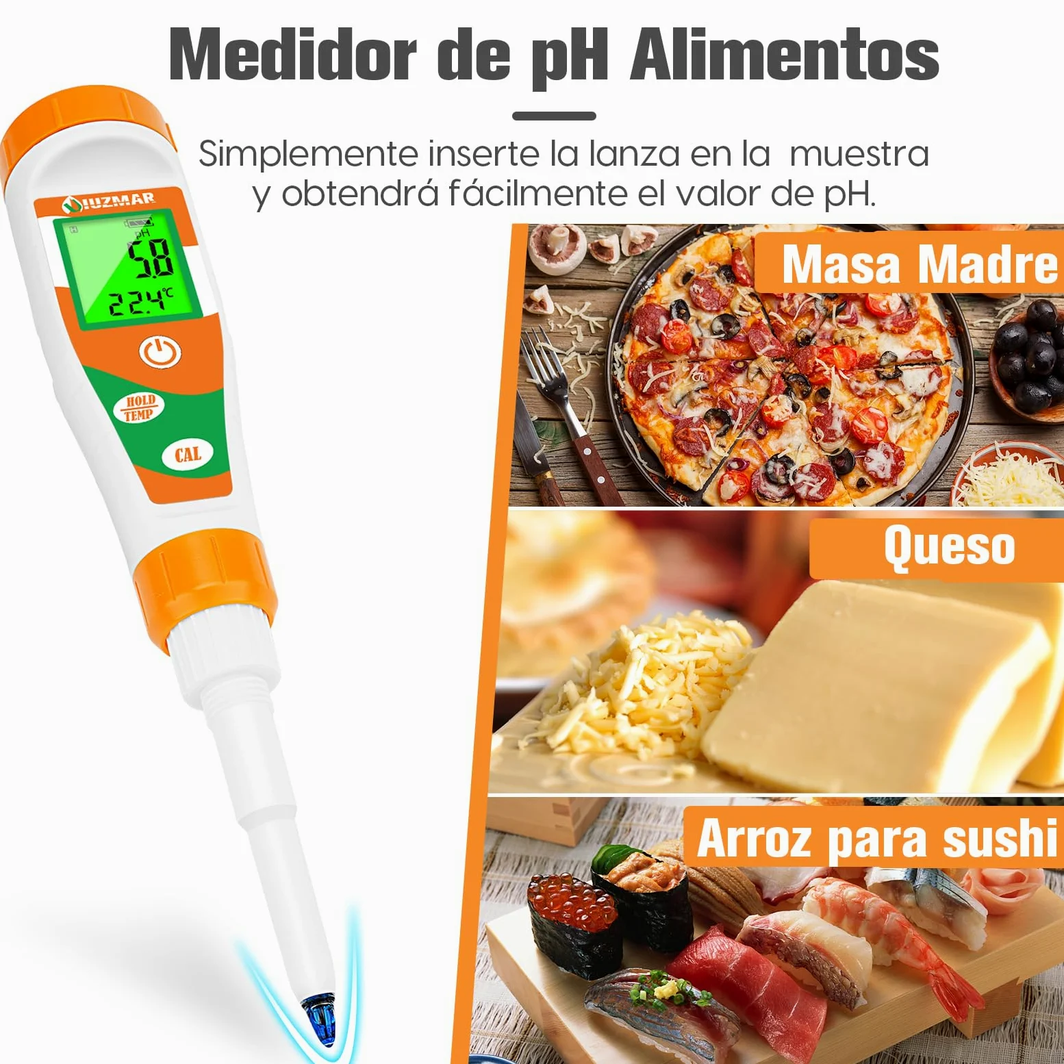 UIUZMAR Medidor de pH Alimentos, phmetro Semisolidos y Liquido, Medidor de pH para Fermentos, Pan, Masa Madre, Cosmetica, Queso, Arroz, Kombucha, Piscina, Acuario, Hidroponía, Agua Potable