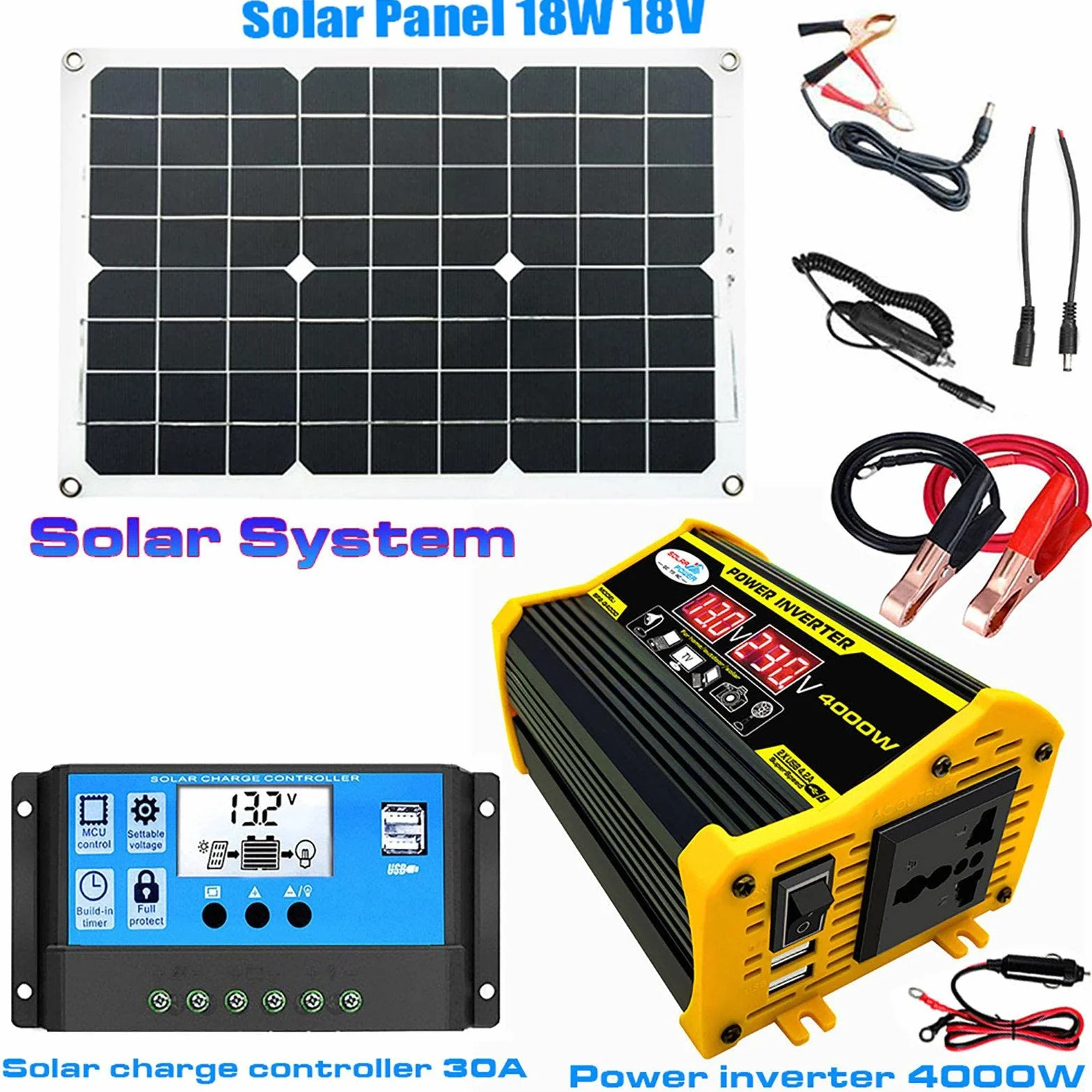 Kit de panel solar portátil, sistema de energía solar, inversor de 4000 W con 2 puertos USB, control de carga solar 30 A, indicador de pantalla LED, carga rápida para fuente de alimentación de