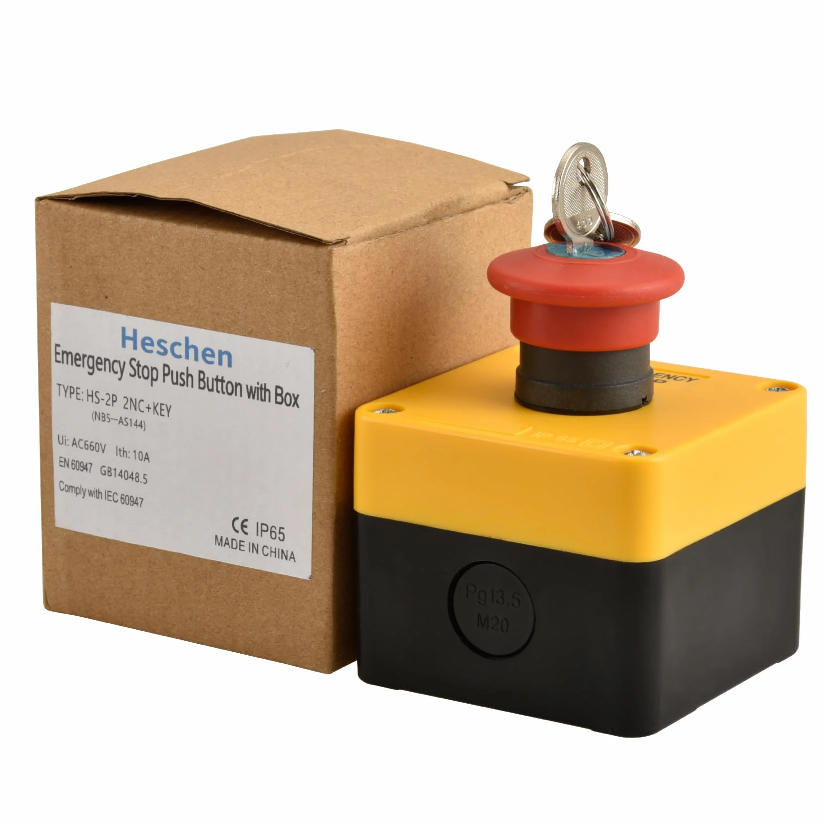 Heschen Interruptor de emergencia IP65 resistente a la intemperie con carcasa y llave, 2NC 660 V 10 A, interruptor de botón rojo con inscripción EMERGENCY STOP para industria, 1 unidad