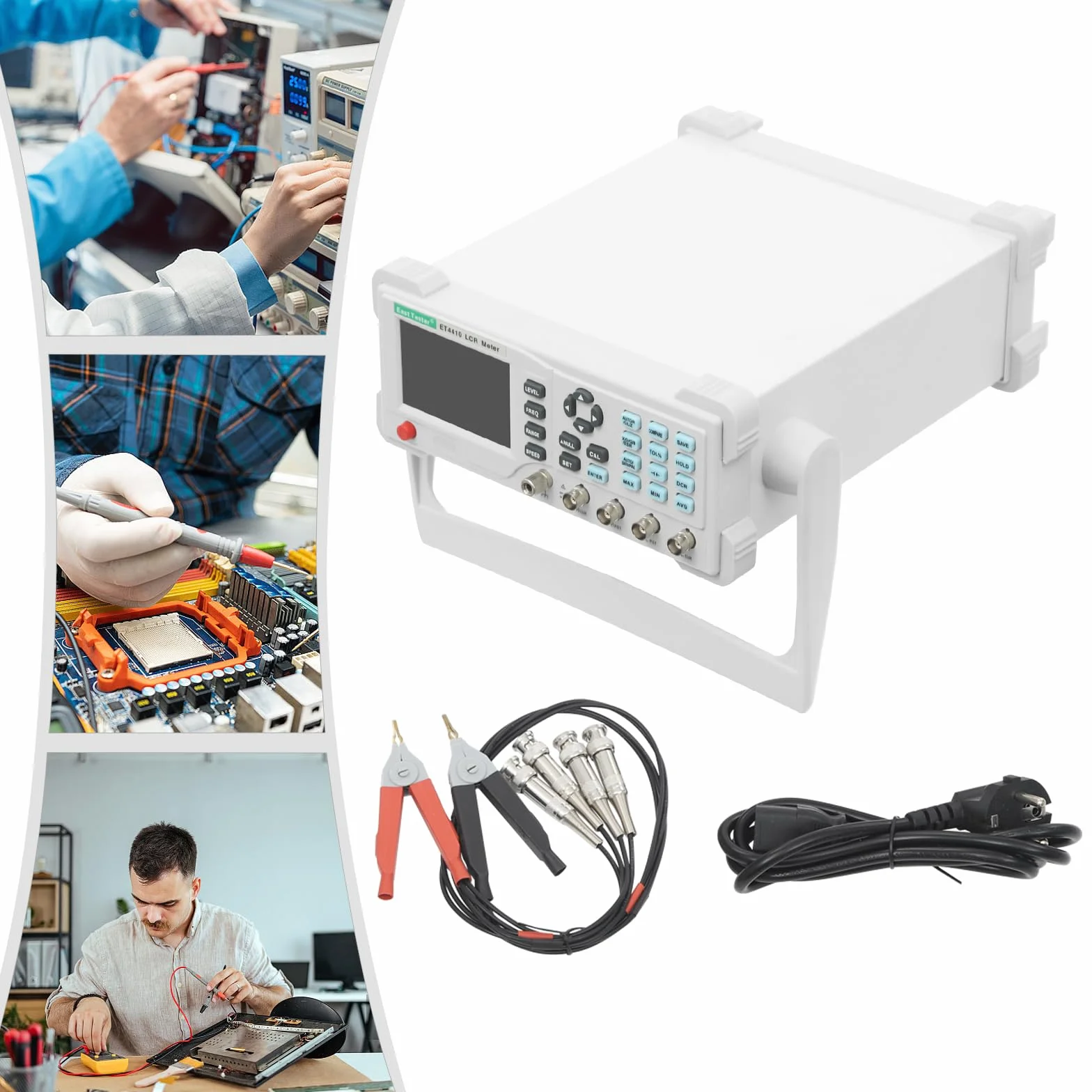 Medidor LCR ET4410,Medidor LCD digital de mesa de alta precisión,LCR con soporte ajustable Terminales de prueba Cable de alimentación Largo Pantalla LCD clara,Alta eficiencia Equipo de prueba