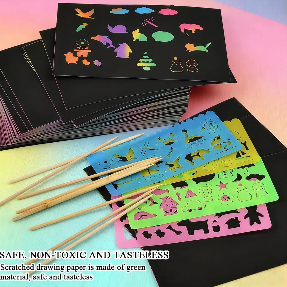 100 Hojas Dibujo Scratch Art Paper Láminas para Rascar Creativas con 4 Plantillas y 10 Lápices de Madera