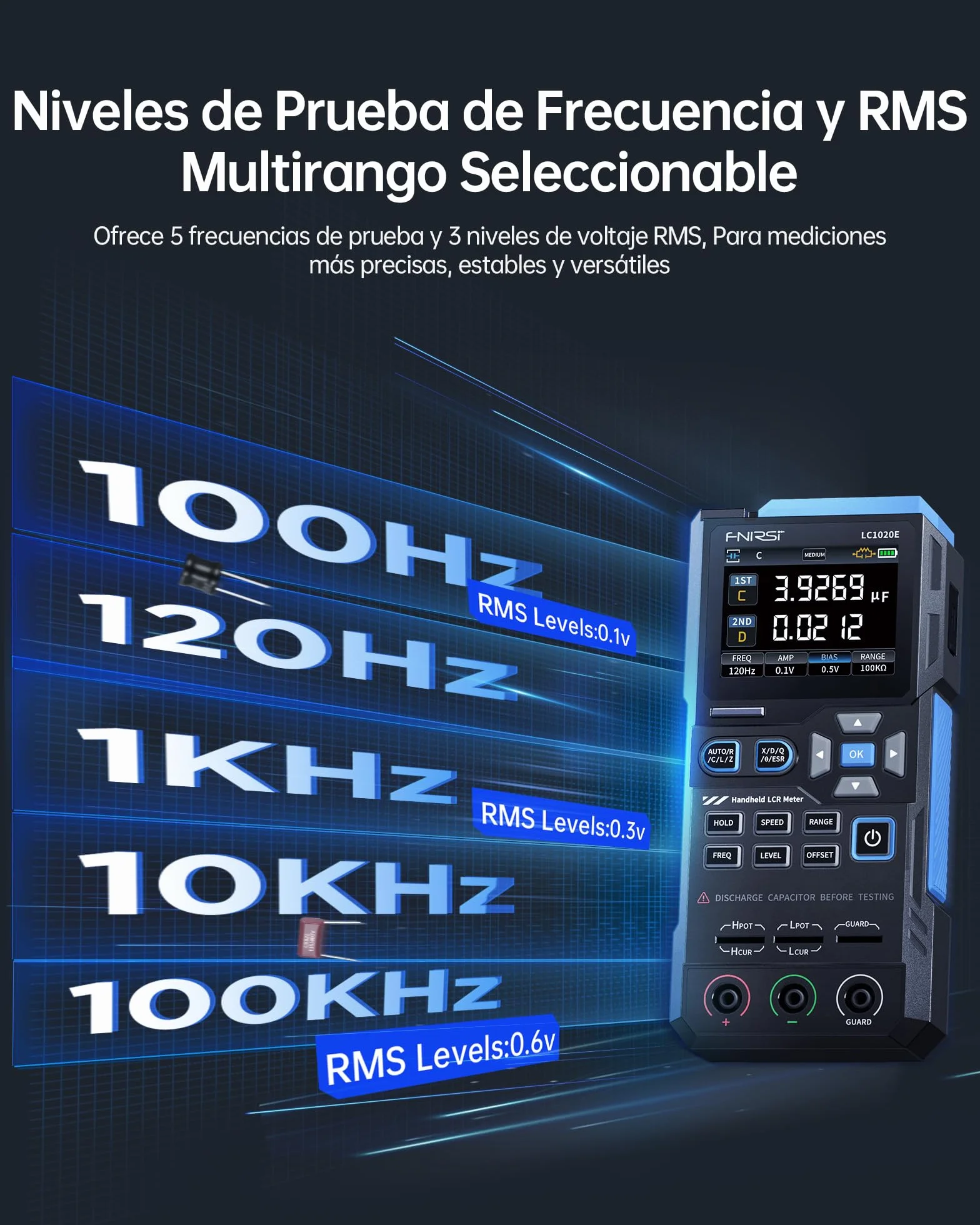 FNIRSI LC1020E Medidor Digital LCR 100kHz, Tester de Resistencia Inductor Condensador, 19999 Cuentas, Detección Auto de Componentes, Mide ESR/Q/D/θ/X, Pantalla Dual, Calibración Apertura Cortocircuito