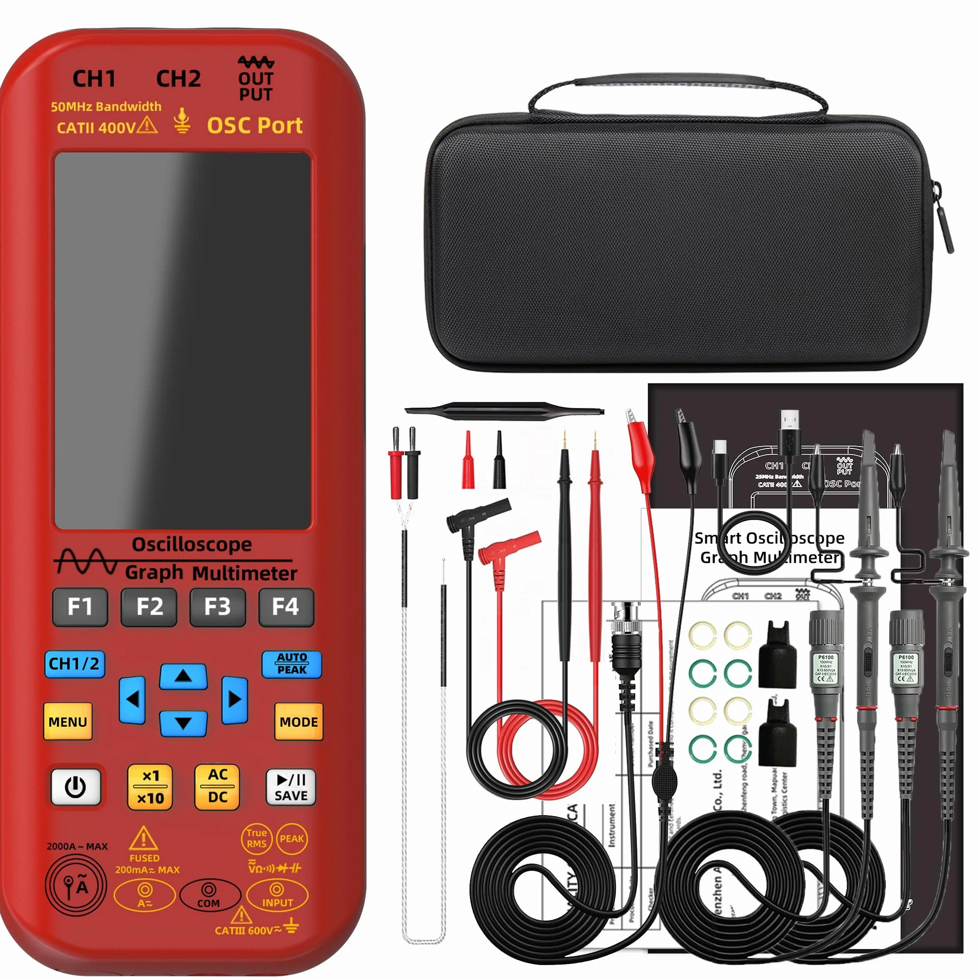 BSIDE O9 Osciloscopio automotriz de mano de 2 canales, 50 MHz, 250 MSa/s, 5000 mAh, multímetro TRMS 20000 cuentas, pantalla de visión completa de 3.9 pulgadas, generador de señal de forma de onda