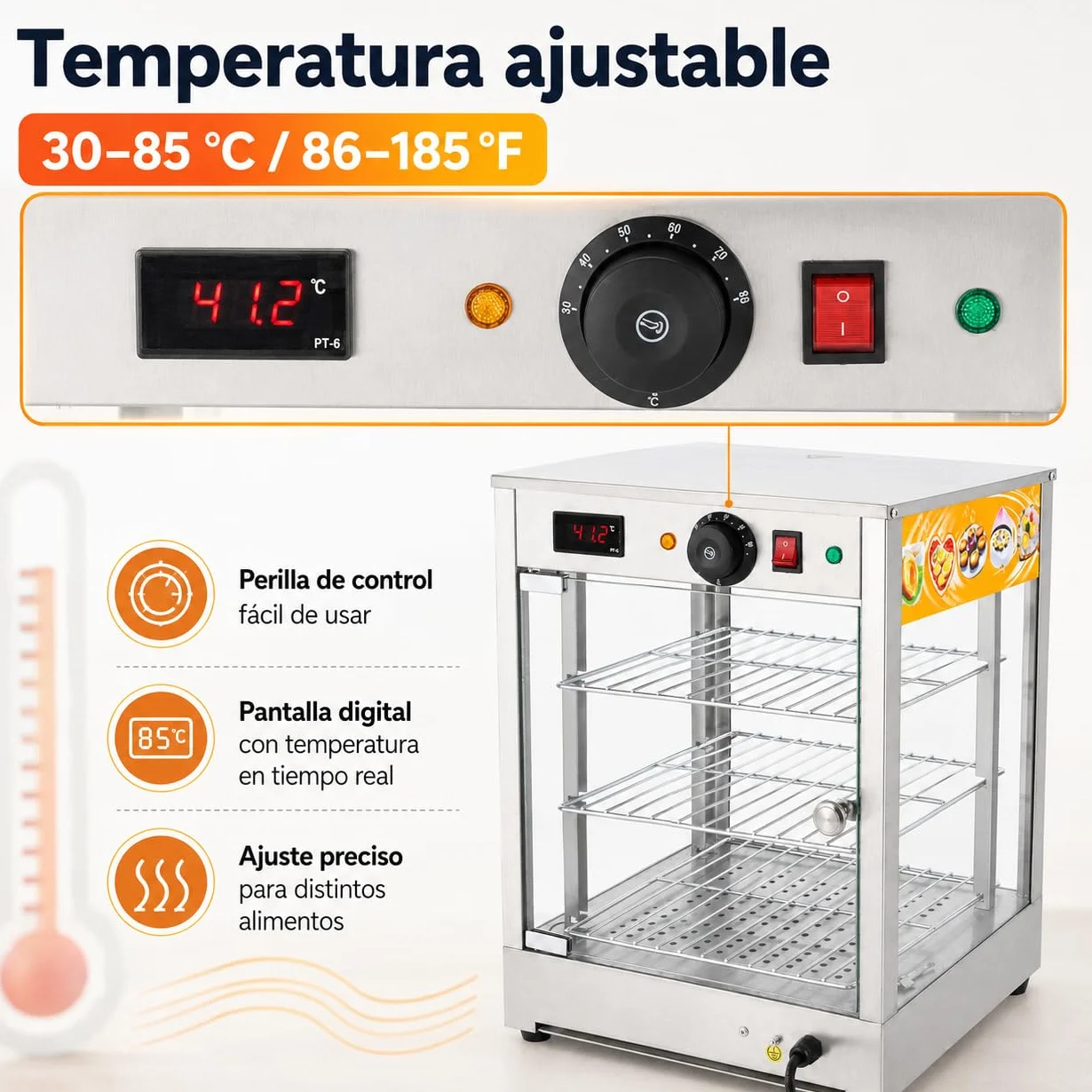 800 W - Vitrina para mantener el calor (3 niveles, 30-85 ℃, con función termostática, 220 V, 37,5 x 35,7 x 47,5 cm)