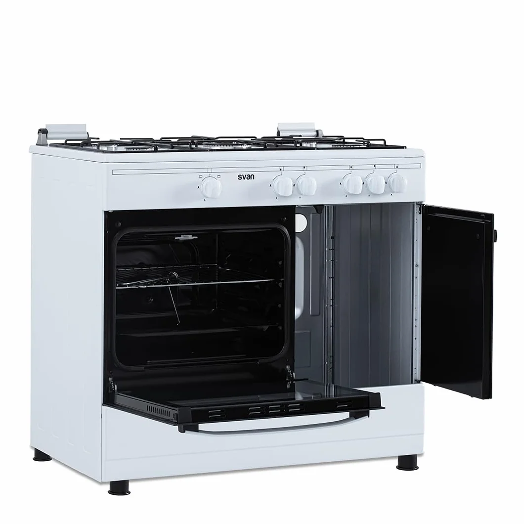 Svan Kuchenherd Gas Butano 5 Zonen, Horno 55 L, Blanco SKGW5901PB, Quemador WOK triple llama, Control Manual