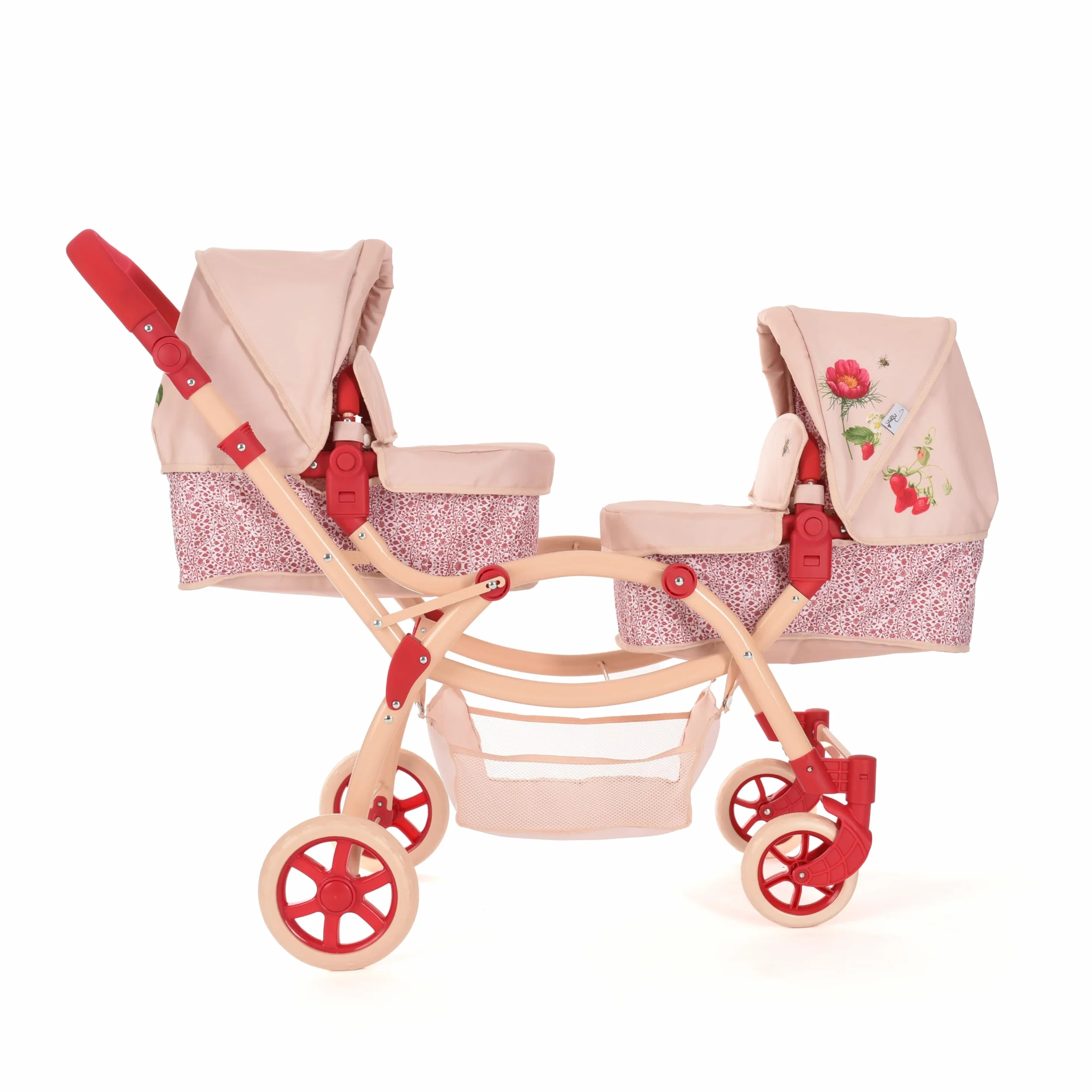 Cochecito para Muñecas Gemelas Roma RHS Flora, Silla de Paseo Doble, Color Crema y Rojo Baya, Manillar Ajustable 69-84 cm