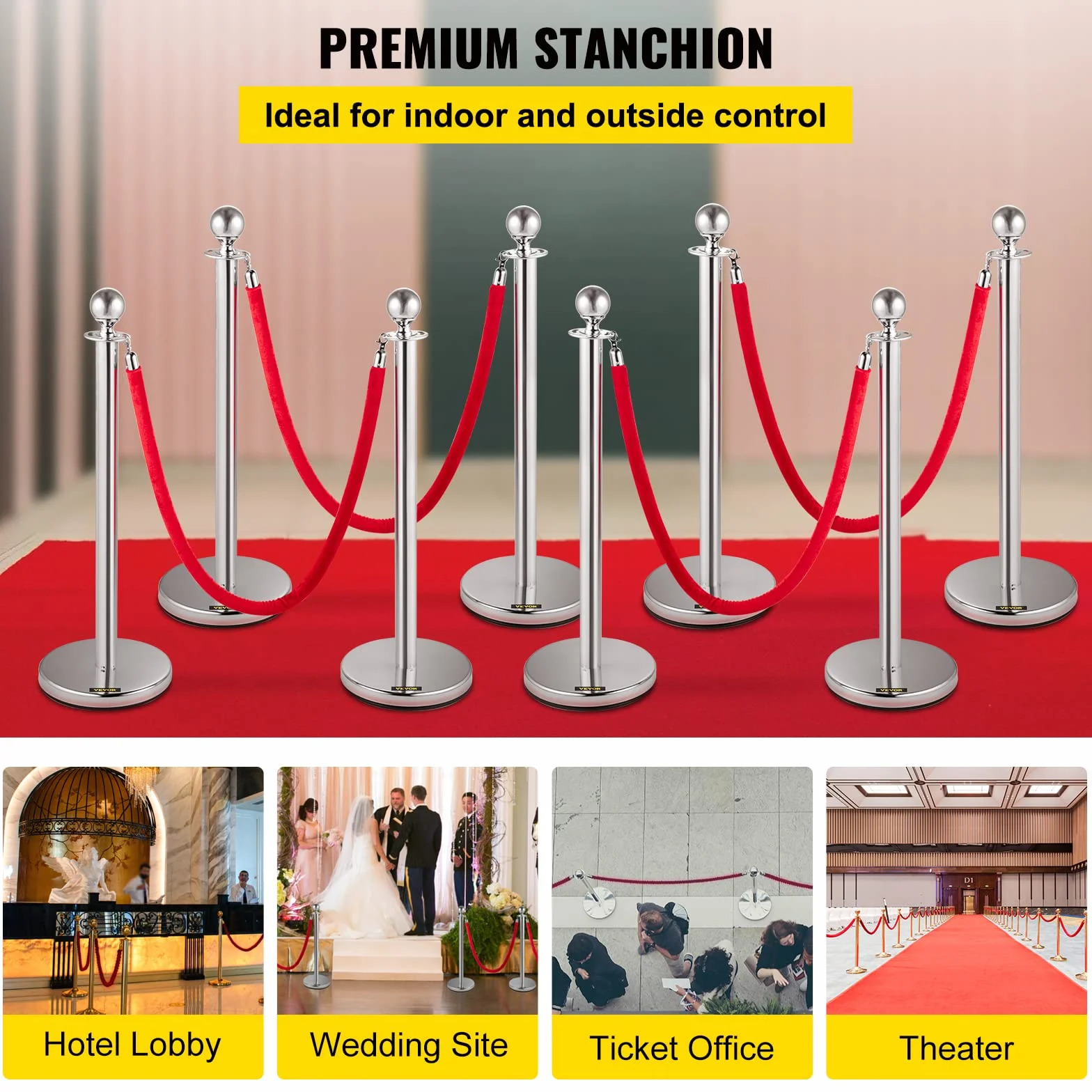 VEVOR Postes Separadores 8 piezas Altura 90 cm Platas Postes Separadores con Cuerda de Terciopelo de 1,5 m Roja Conexión de 4 Vías Diámetro de Base 32 cm Postes de Barrera de Control de Multitudes