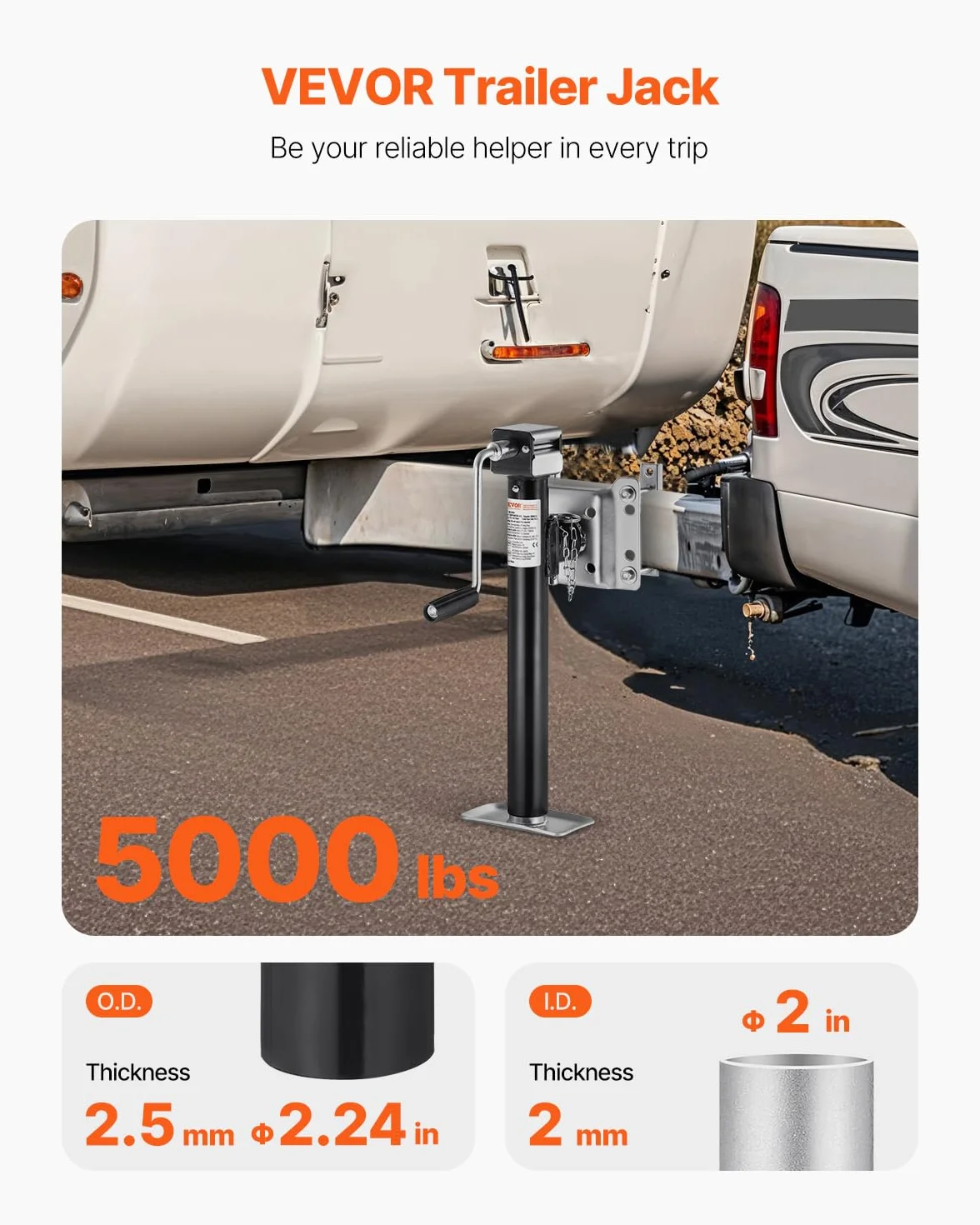 VEVOR Gato para Remolque, Capacidad de Carga Dinámica de 2267 kg, Gato para Remolque con Pernos Soporte de Elevación de 365 mm con Manija para Remolque de RV, Remolque para Yates, Remolque Utilitario