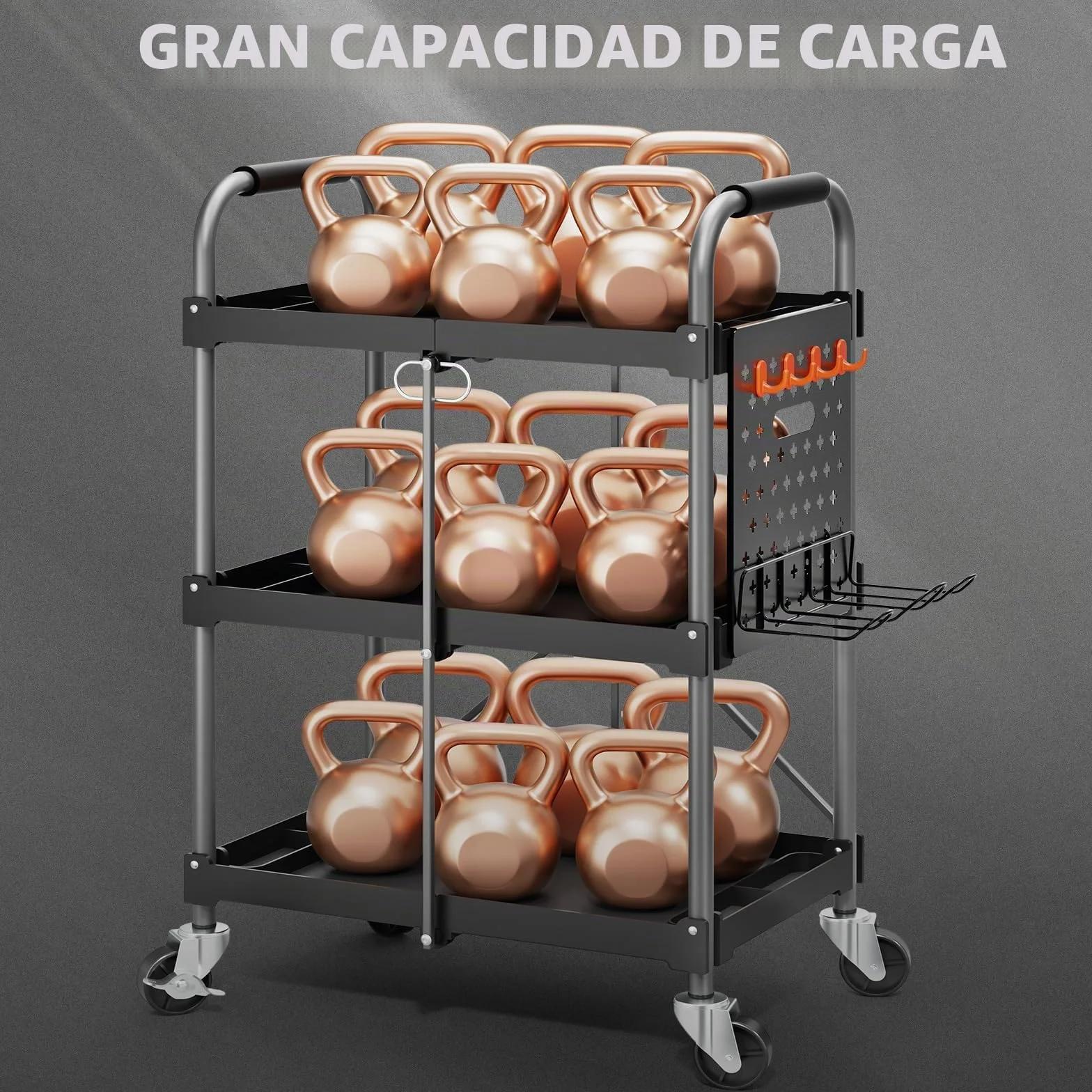 KINGRACK Carro de Herramientas con Ruedas de 3 Estantes y Mango Ergonómico, Carro de Servicio Plegable, Carro Auxiliar Taller Organizador con Placas Colgantes para Hogar Oficina Garaje Almacén, Negro