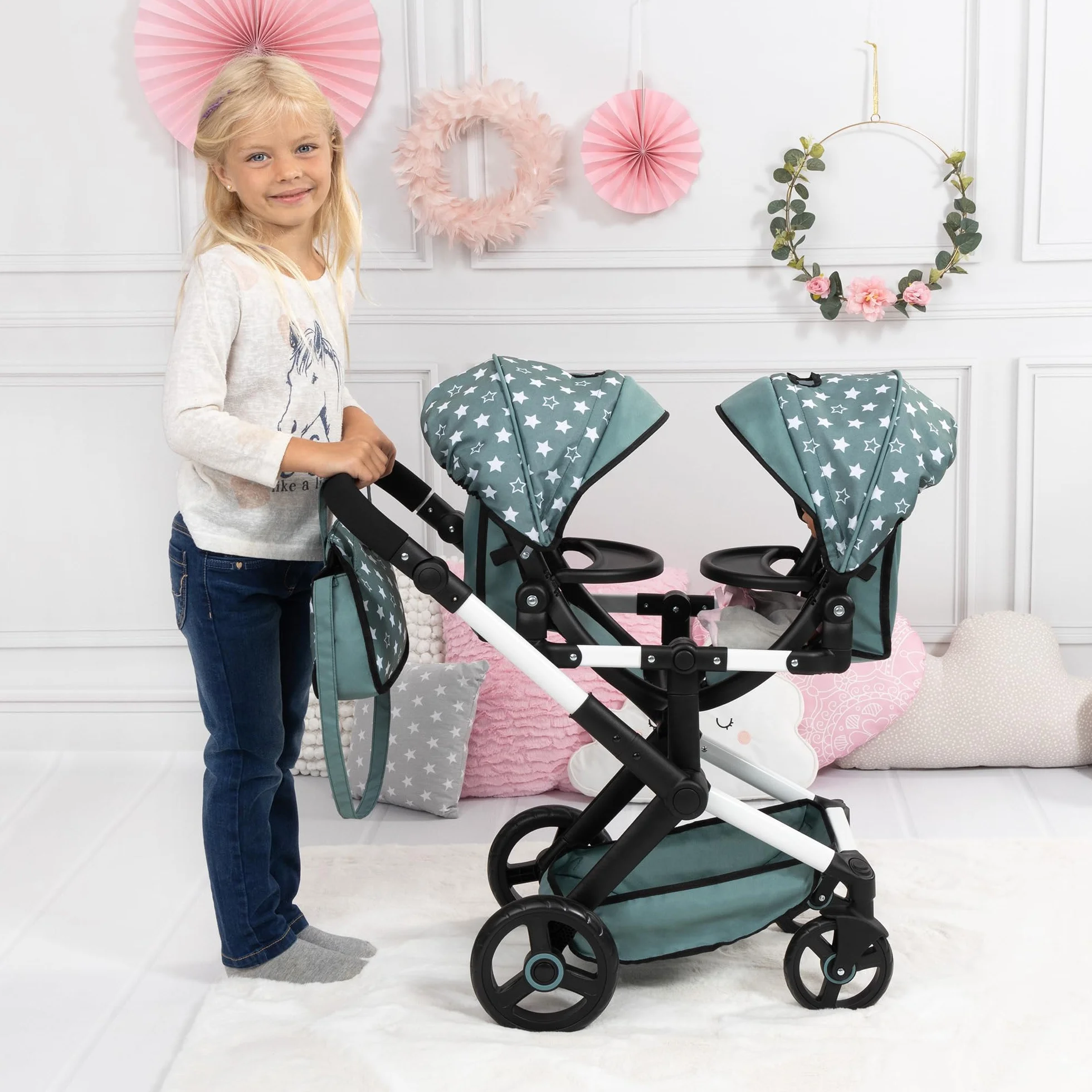 Bayer Design Twin Xeo Cochecito de muñeca gemelas Carrito Doble Altura Regulable