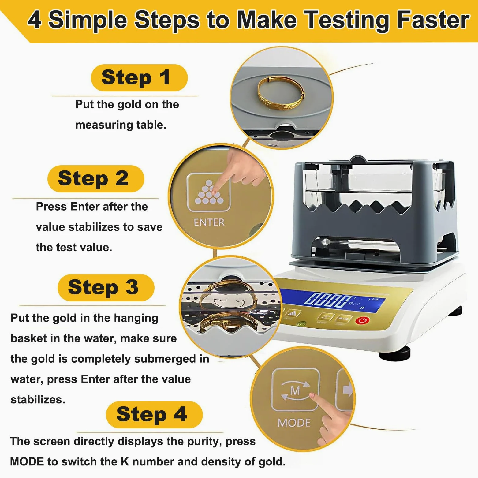Analizador De Metales Preciosos, Probador De Pureza De Oro, Tester Digital De Oro, Peso Máximo 1200g, Precisión 0.001g, Resolución 0.0001g/cm³, para Joyerías Y Refinerías Printer