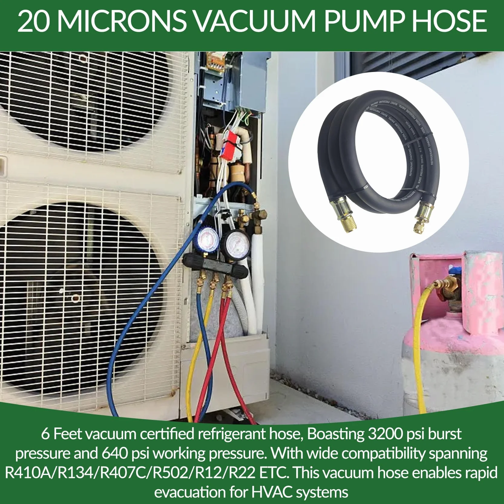 Manguera de vacío HVAC de 1/2 pulgada, accesorios de 3/8 a 1/4 pulgadas, mangueras de refrigerante de alto flujo, manguera de bomba de vacío de 20 micras más rápida, evacuación y recuperación HVAC más
