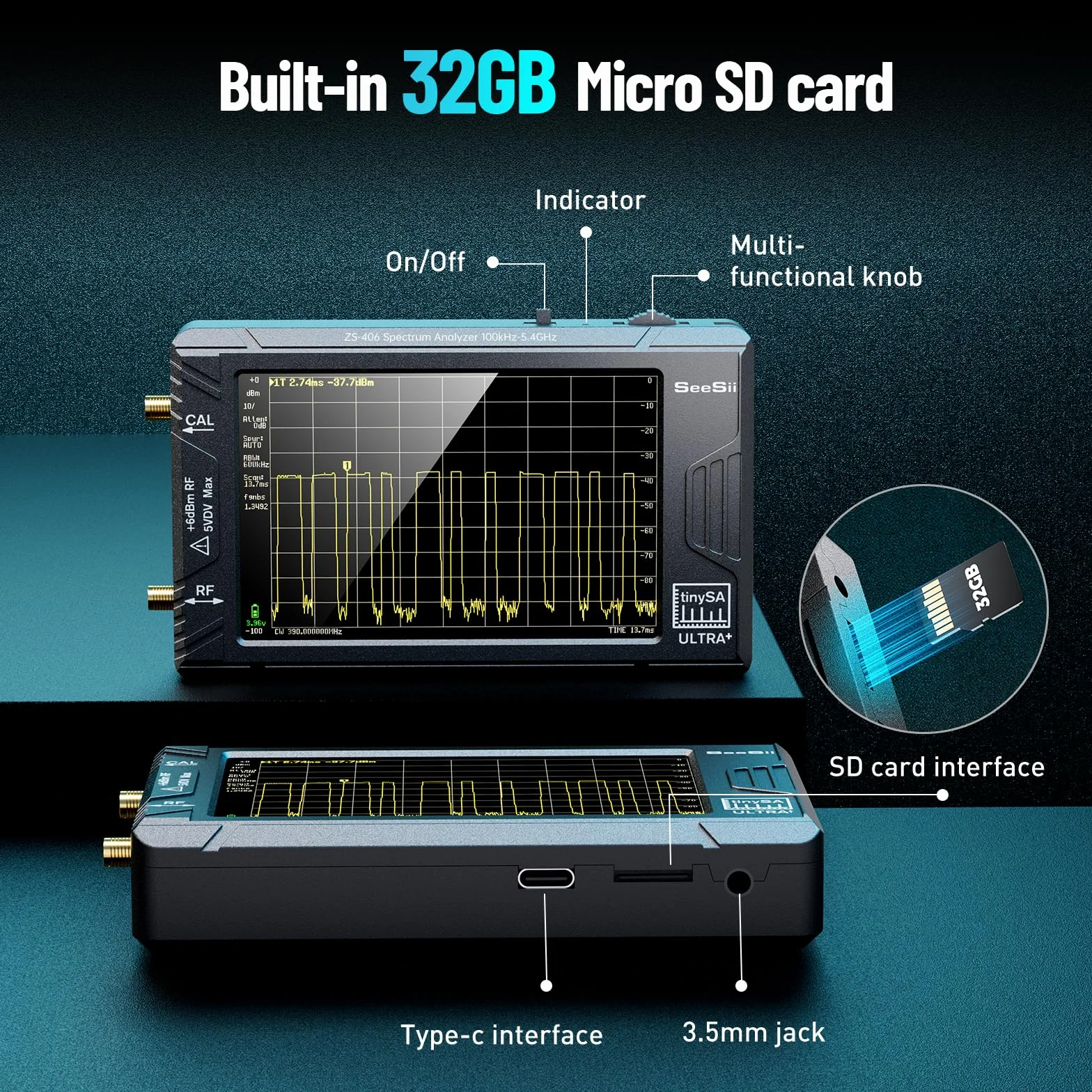 SEESII Analizador de espectro TinySA Ultra+ ZS406 con atenuador de 50 W, analizador de frecuencia de 4,0 pulgadas, 100 kHz-5,4 G Hz, generador de señal 2 en 1, 100 kHz - 800 MHz MF/VHF/HF, entrada UHF