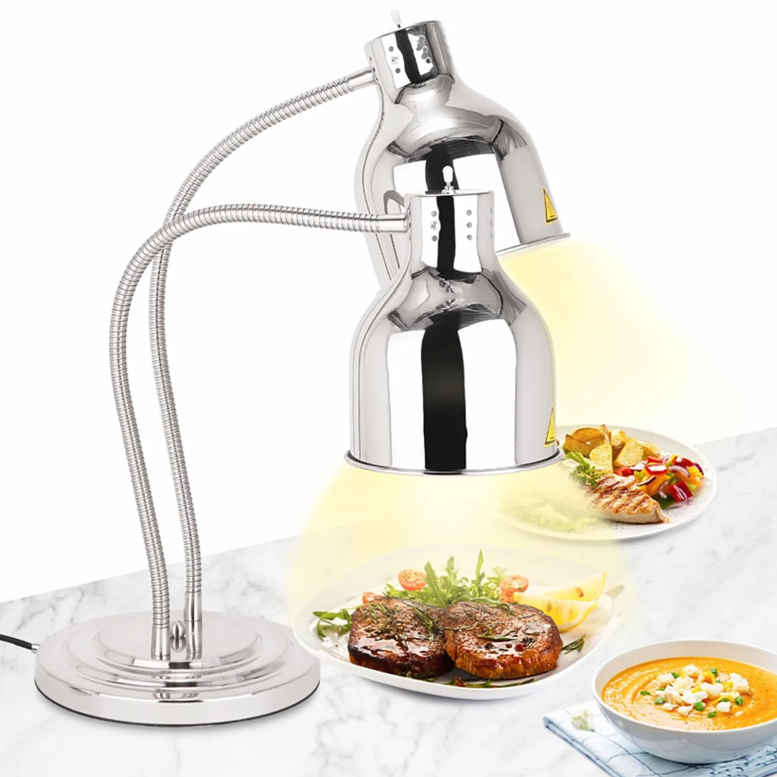 YJINGRUI Lámpara de calentamiento de alimentos 2 x 250 W plateada manguera extensible 70 cm buffet cocina restaurante