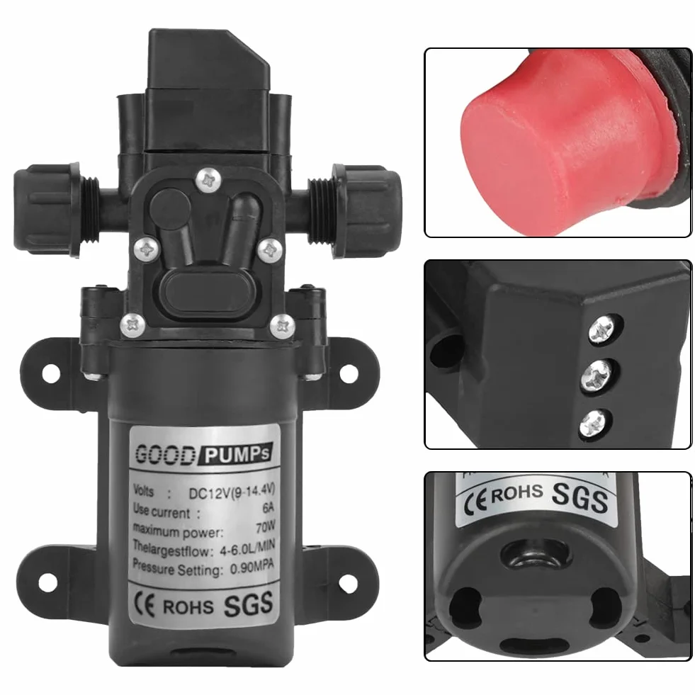 Bomba de agua DC 12V 0.9Mpa 4-6L/Min 70W autocebante de diafragma alta presión