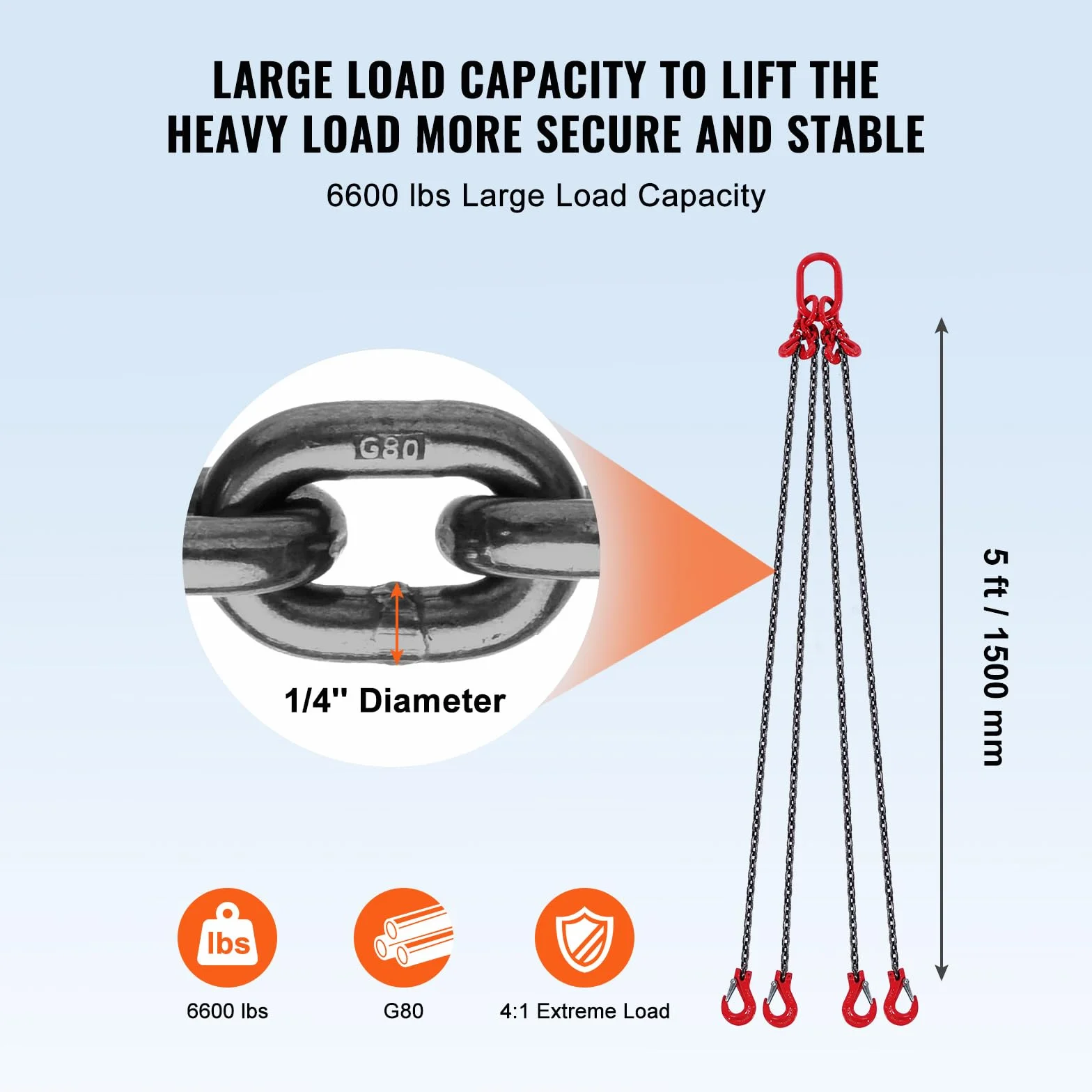 VEVOR Eslinga de Cadena de Elevación 4 Cadenas 6mm x 150cm 2993 kg G80 Ganchos Ajustadores