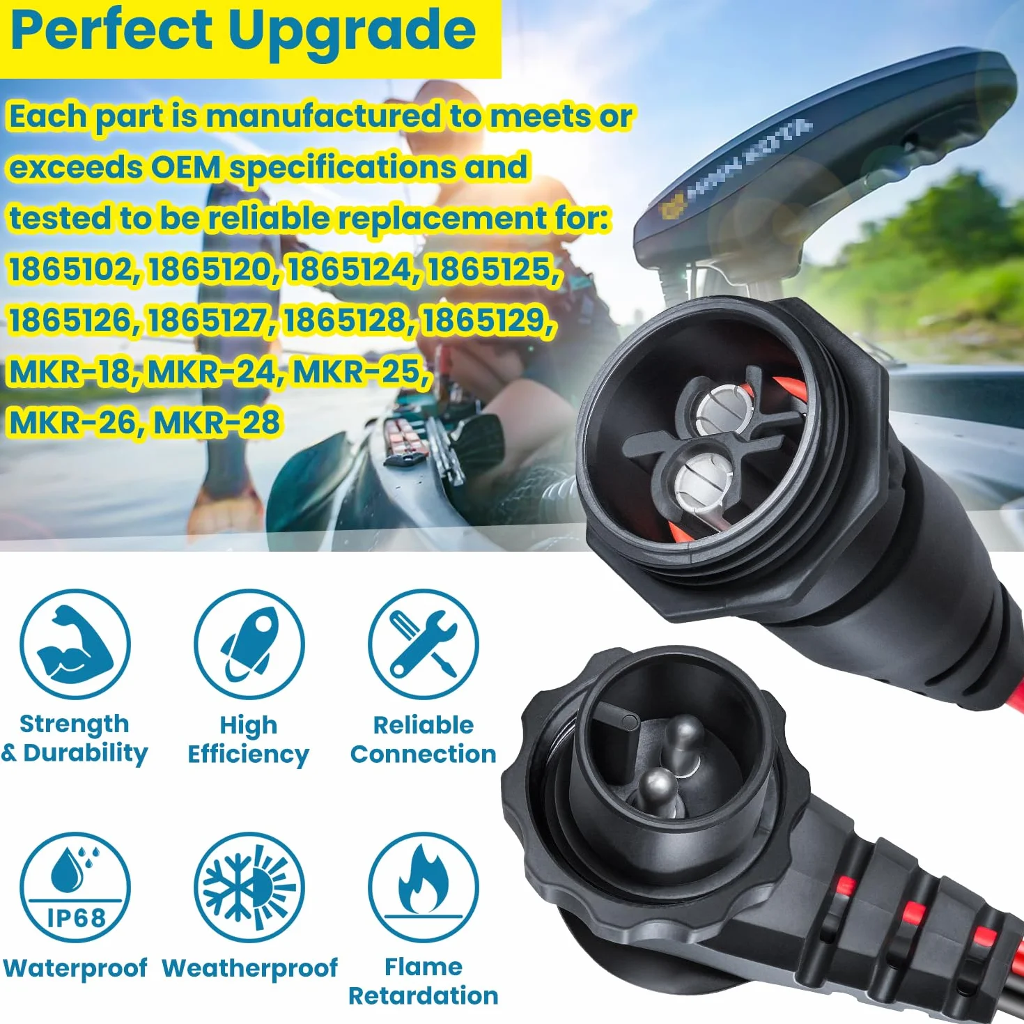 1865120 MKR-28 - Enchufe y receptáculo para motor de arrastre Minn Kota de agua dulce y salada, accesorio de batería macho hembra, impermeable, resistente, 8 AWG, nominal a 60 A hasta 48 V